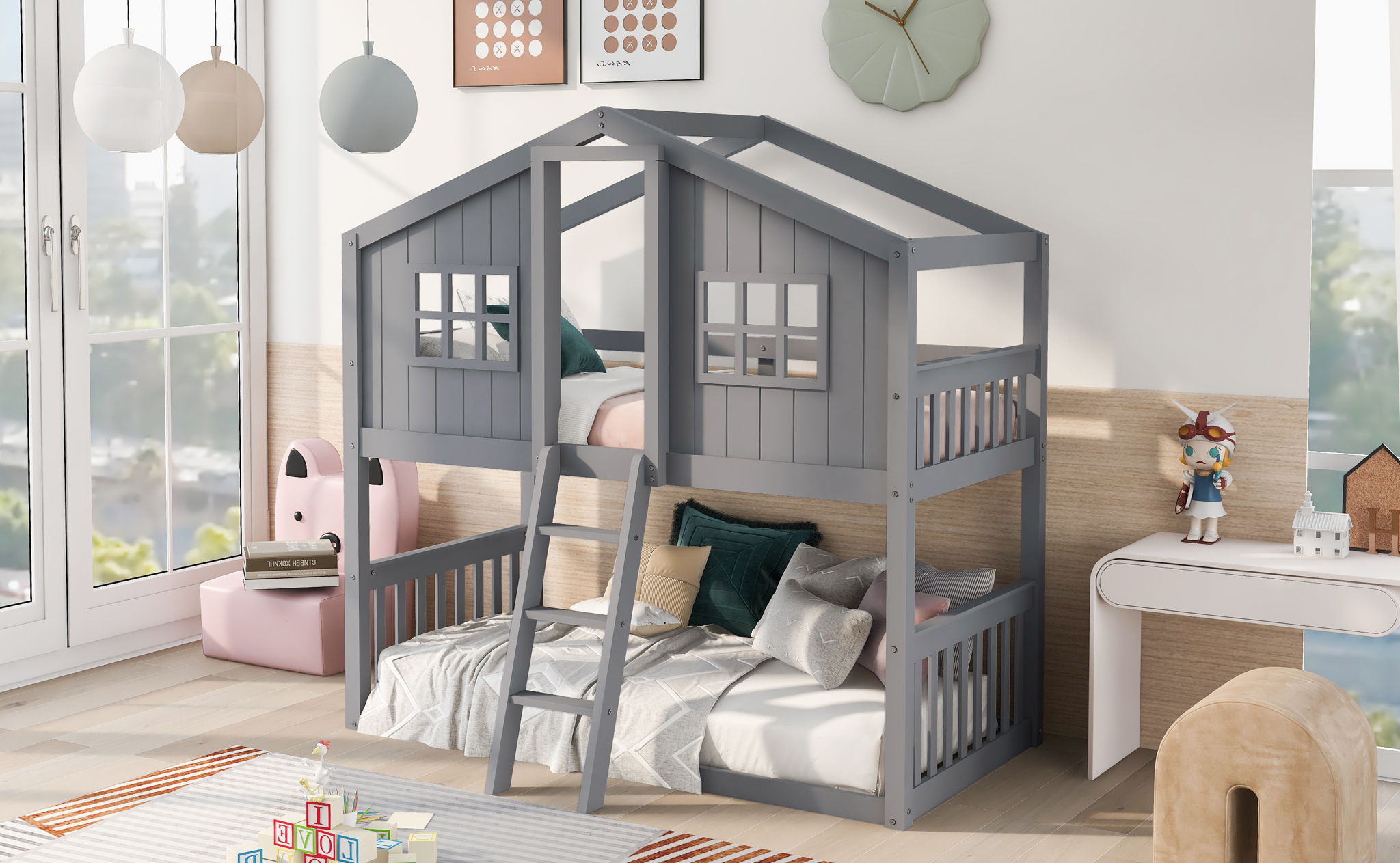 House Bunk Bed With Ladder, Wood Bed