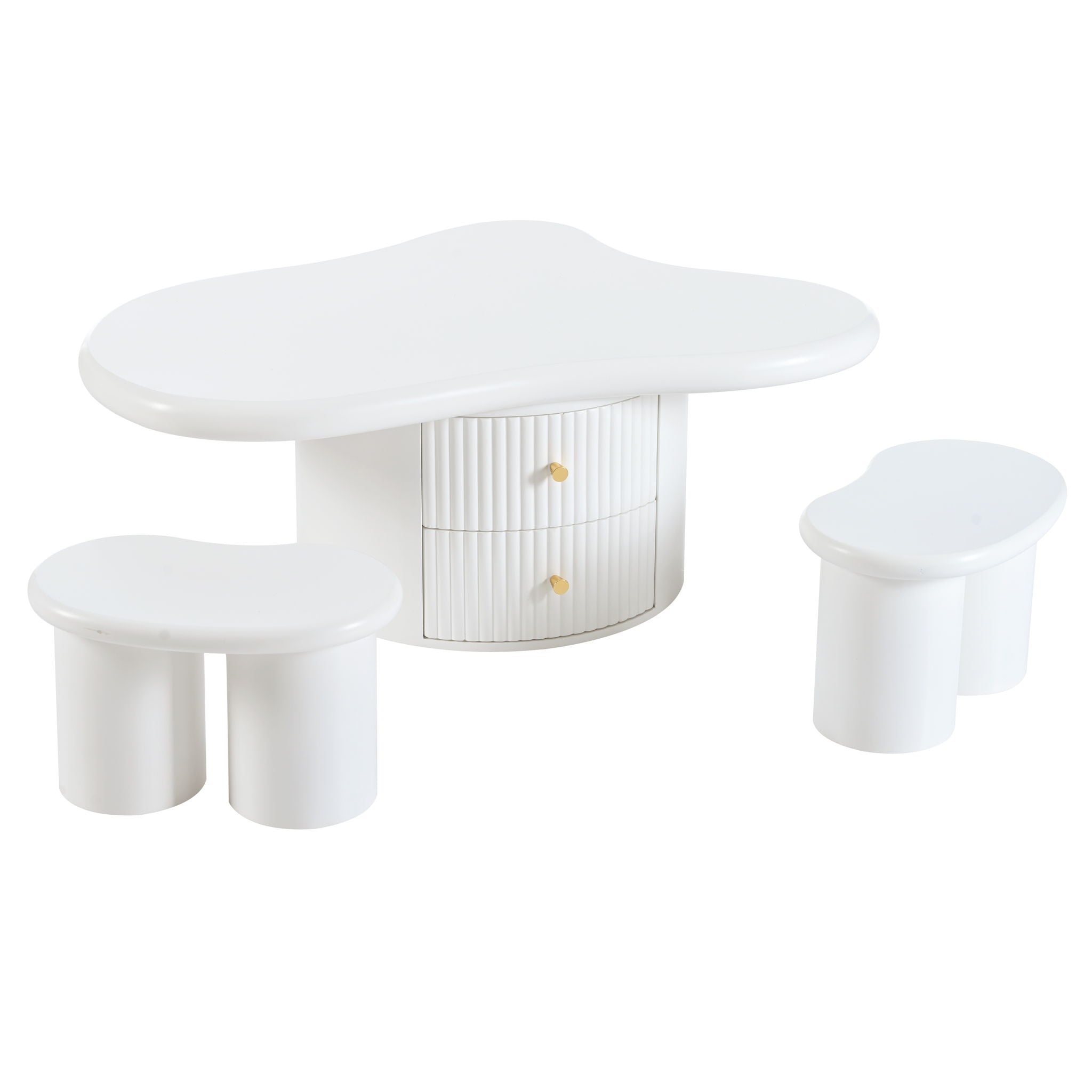 Cloud - Coffee Table (Set of 3), Irregular Shape Coffee Table With 2 Drawers, 2 Small Stools For Living Room - White