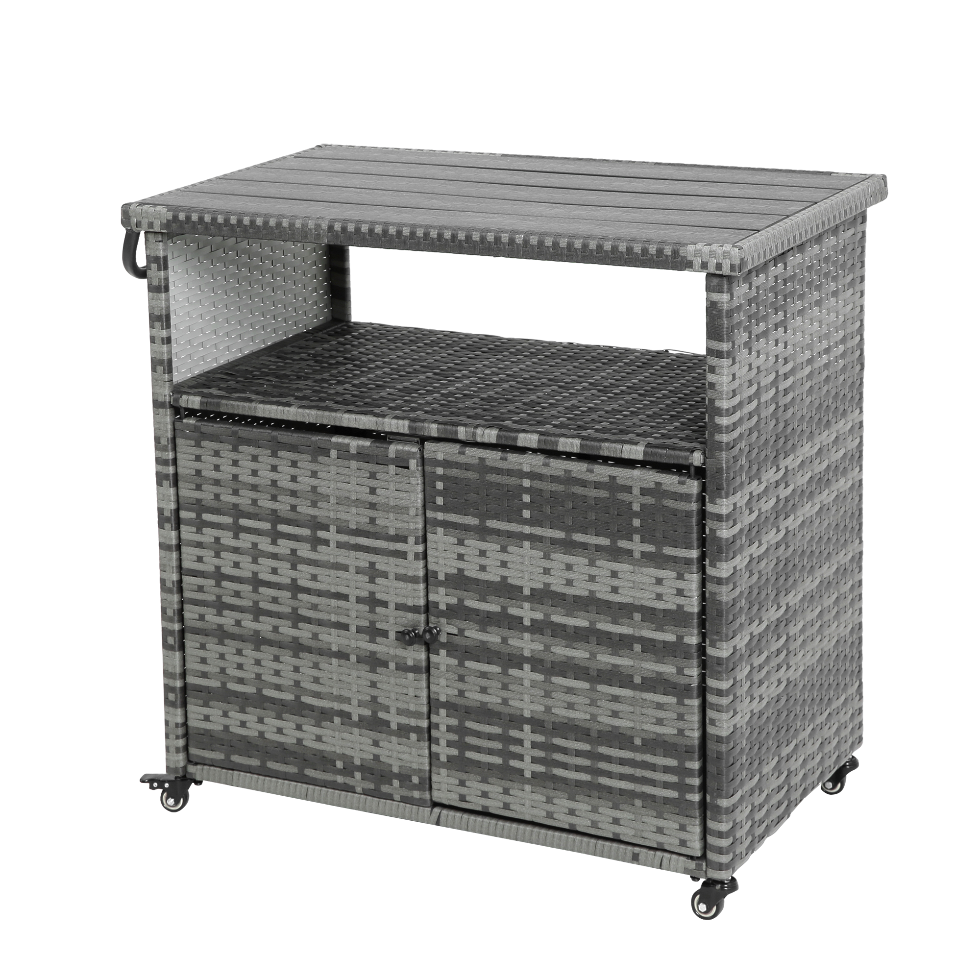 Outdoor Wicker Bar Cart with Glass Top and Wheels