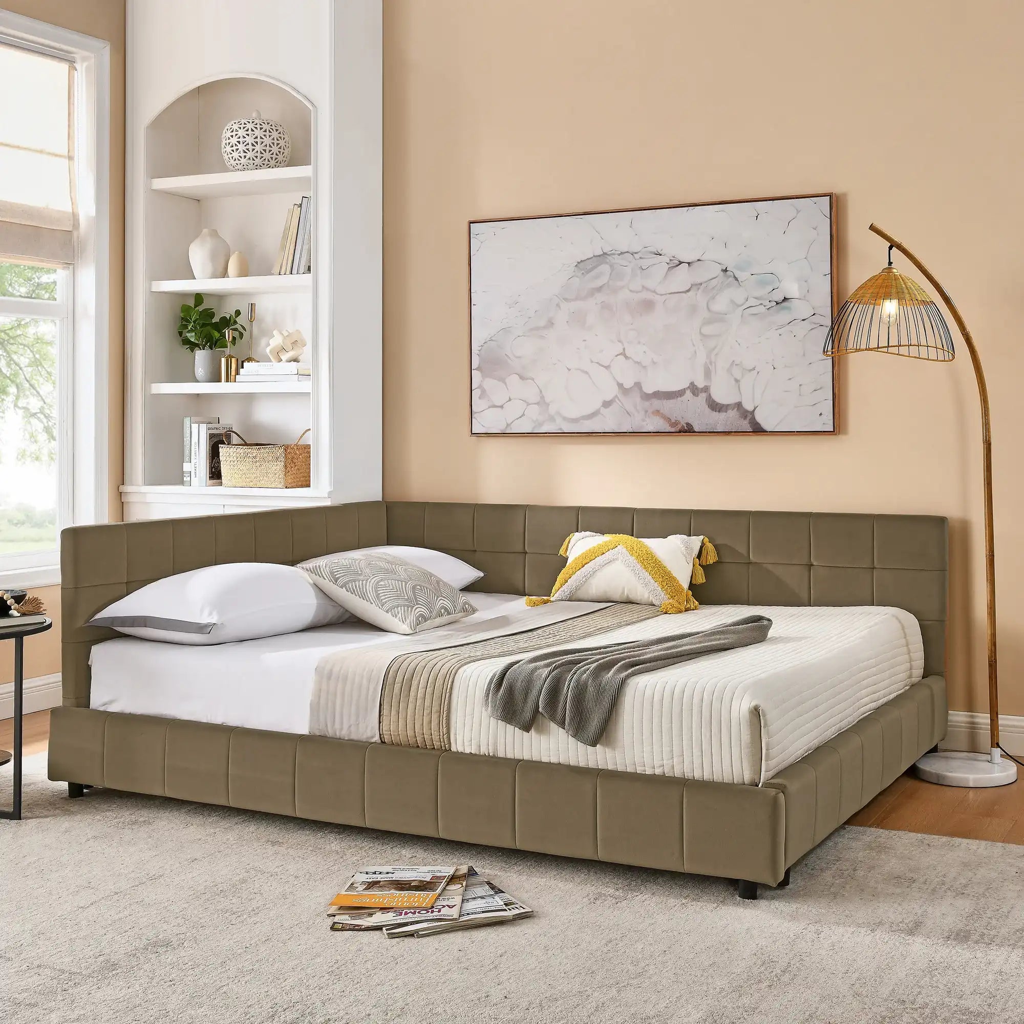 Queen Size Velvet Upholstered Tufted Bed Frame, Brown