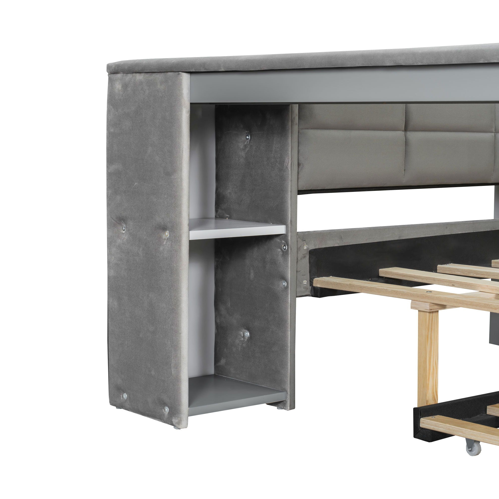 Upholstered Platform Bed With Storage Shelves, Desk, Charging Station And Trundle