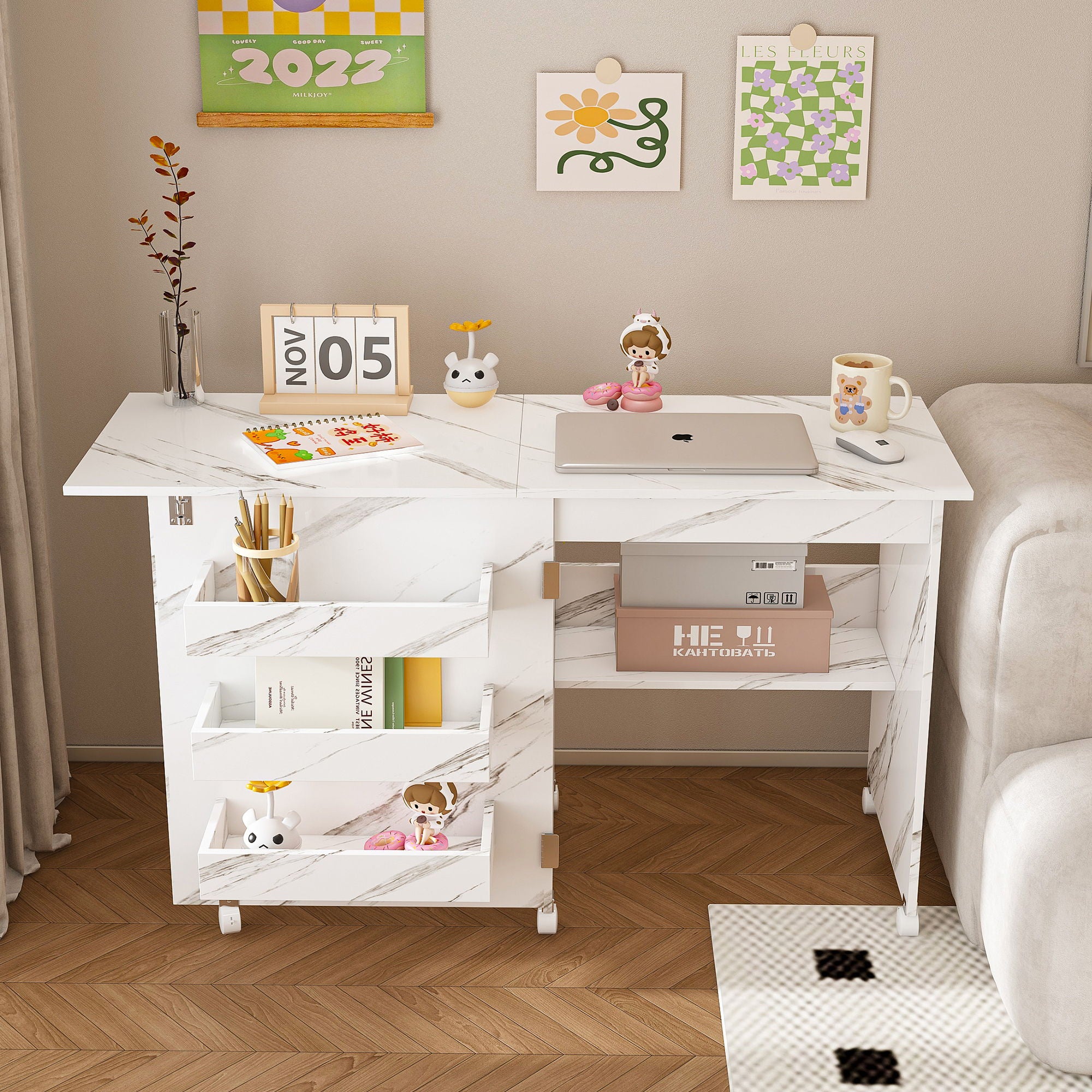 4 In 1 Folding Sewing Table With Lockable Wheels, Multi Functional Craft Station - White