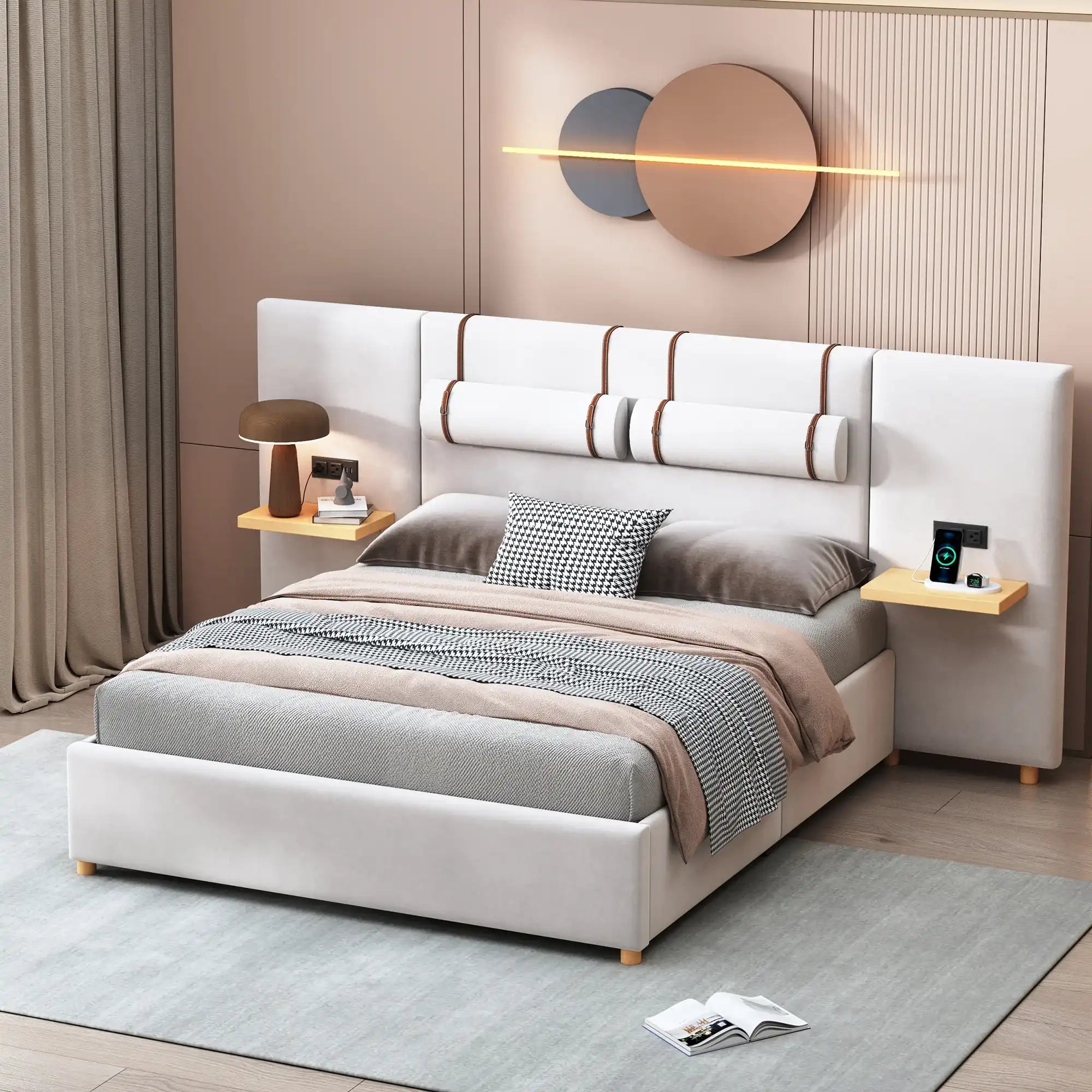 Queen Size Velvet Upholstered Platform Bed with Charging Ports, Beige