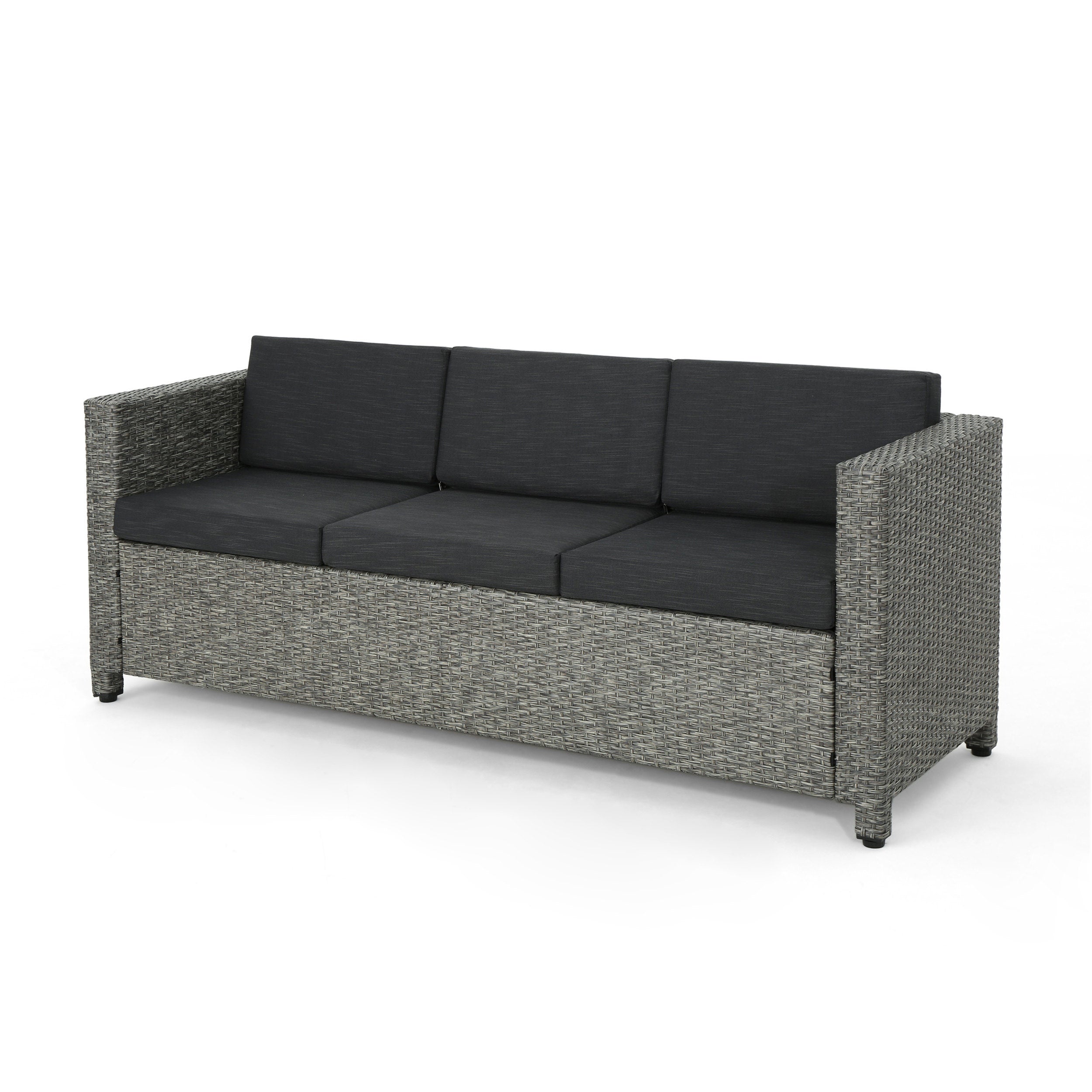 Thalassa Outdoor 3-Seater Sofa with Removable Cushions and Steel Frame, Dark Grey and Black