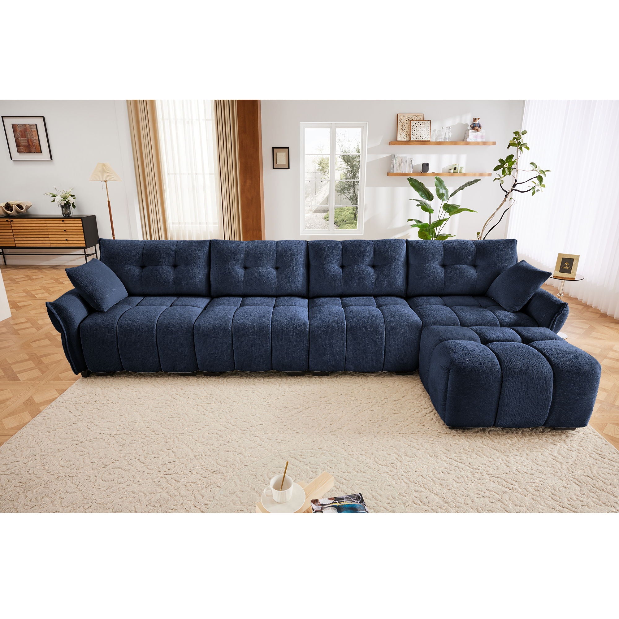 Sofa Set With Ottoman And Pillows, Textured, High Resilience Cushions
