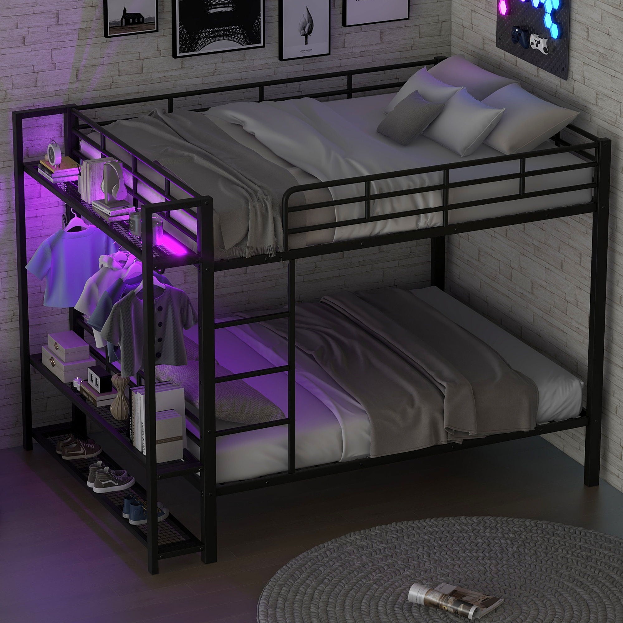 Bunk Bed With Storage Mesh Shelves, Clothes Hooks, LED Light