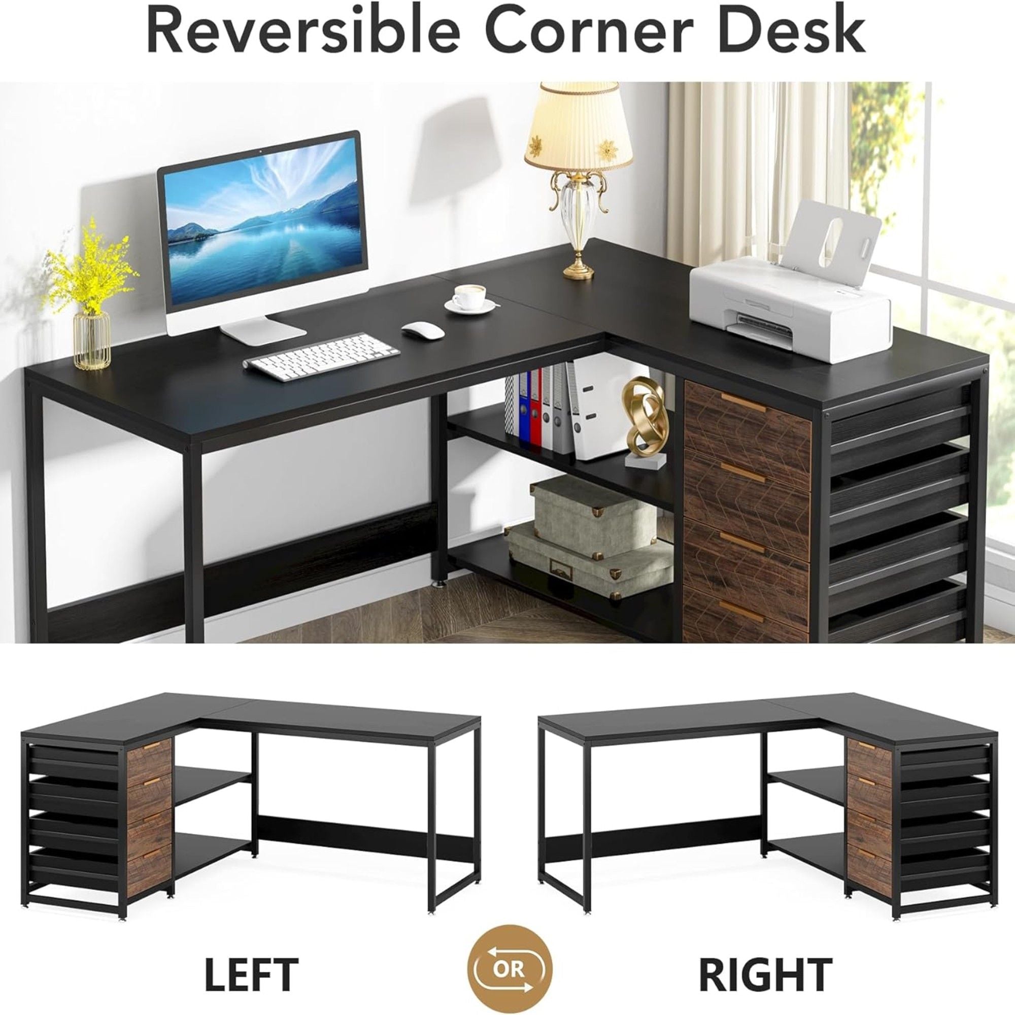 L-Shaped Computer Desk With Drawers And Shelves, Workstation For Home Office