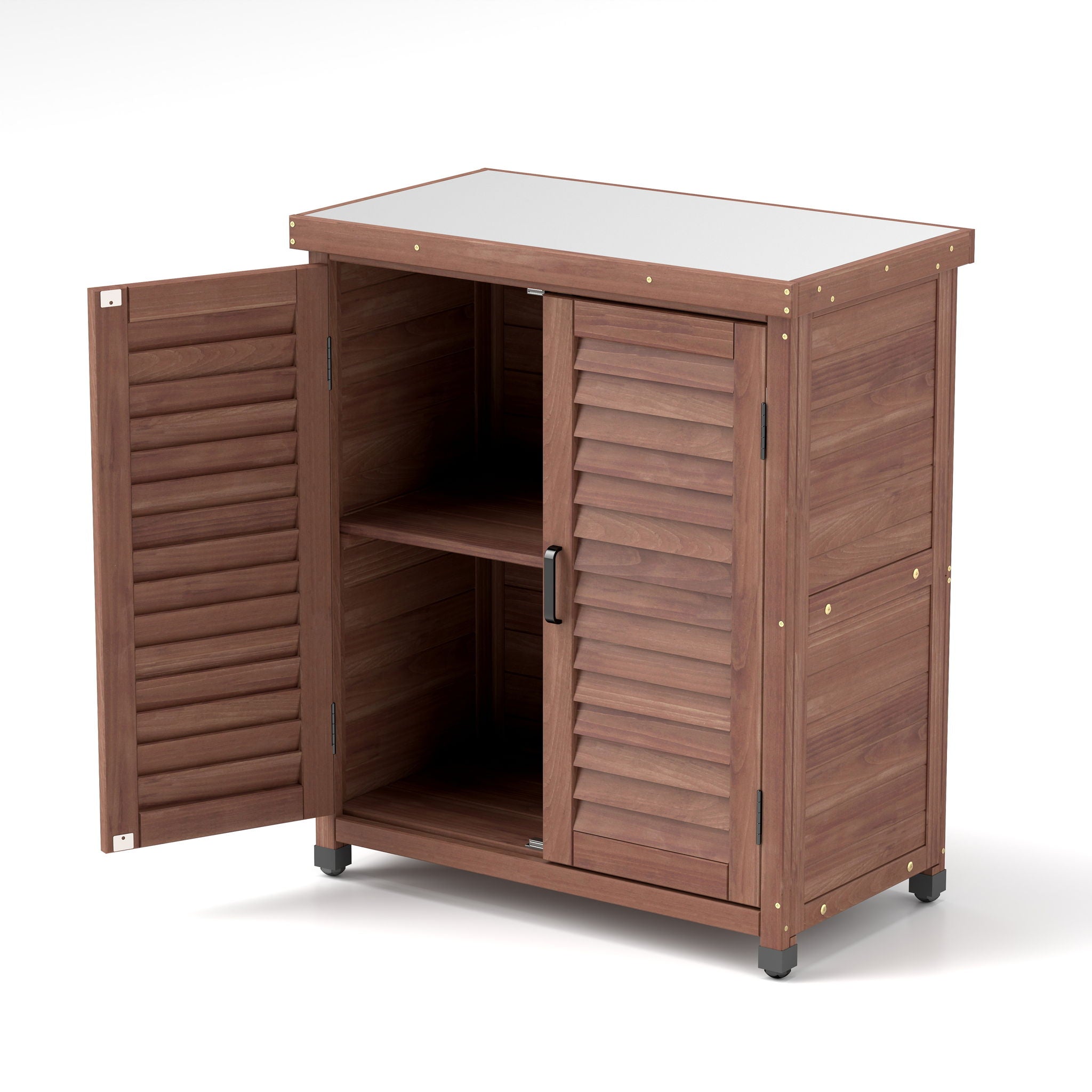 Potting Bench With Storage Cabinet And Metal Table Top For Outdoor