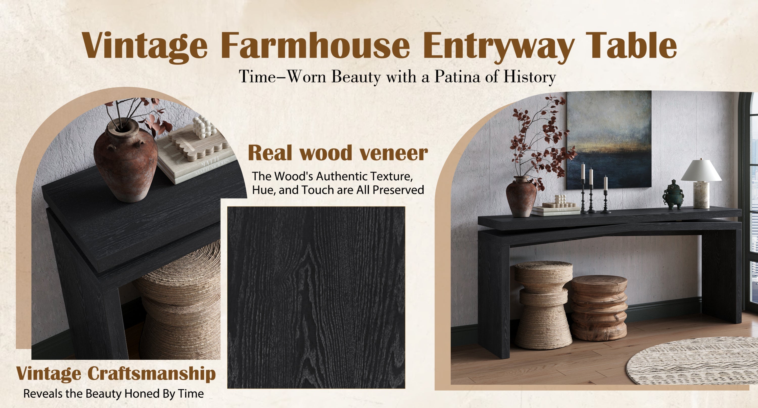 65-Inch Rustic Solid Wood Veneer Console Table