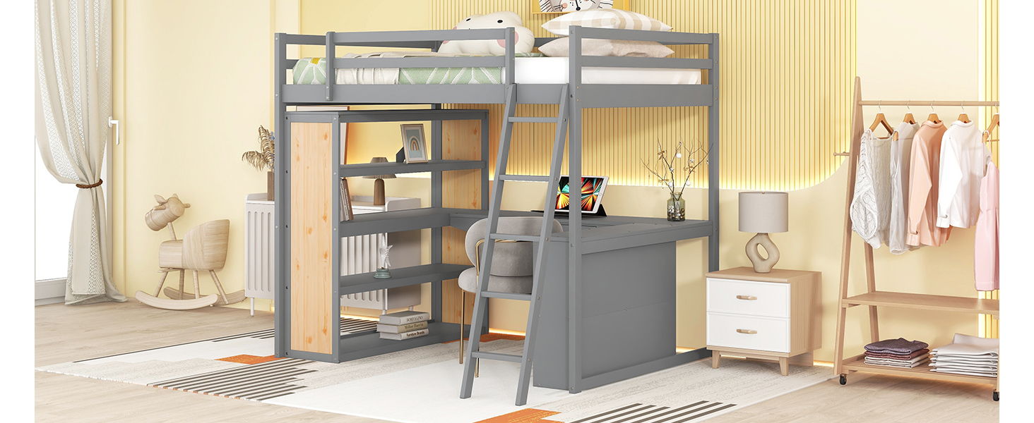 Loft Bed With Ladder, Shelves, And Desk