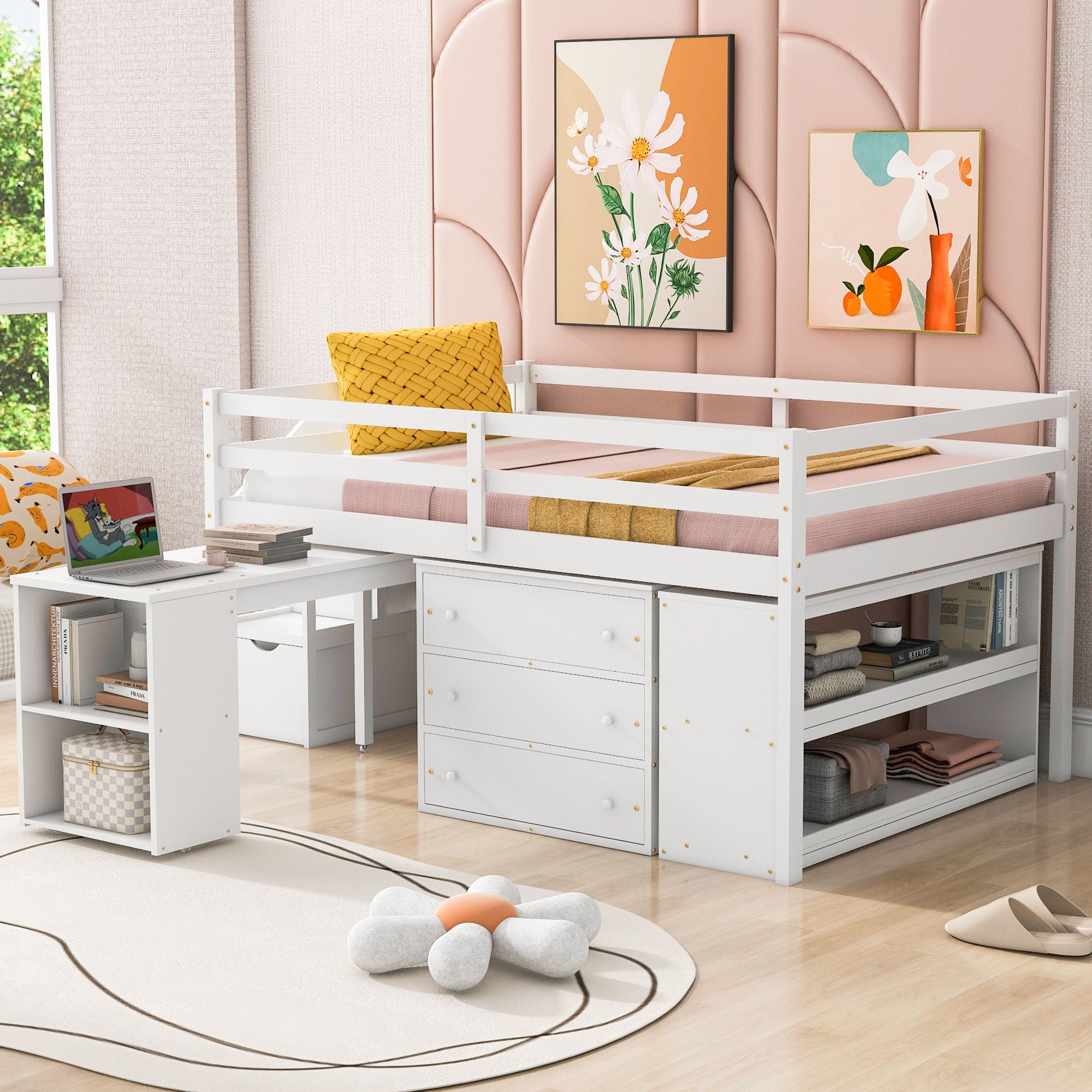 Loft Bed With Retractable Writing Desk And 3 Drawers With Storage Stairs And Shelves