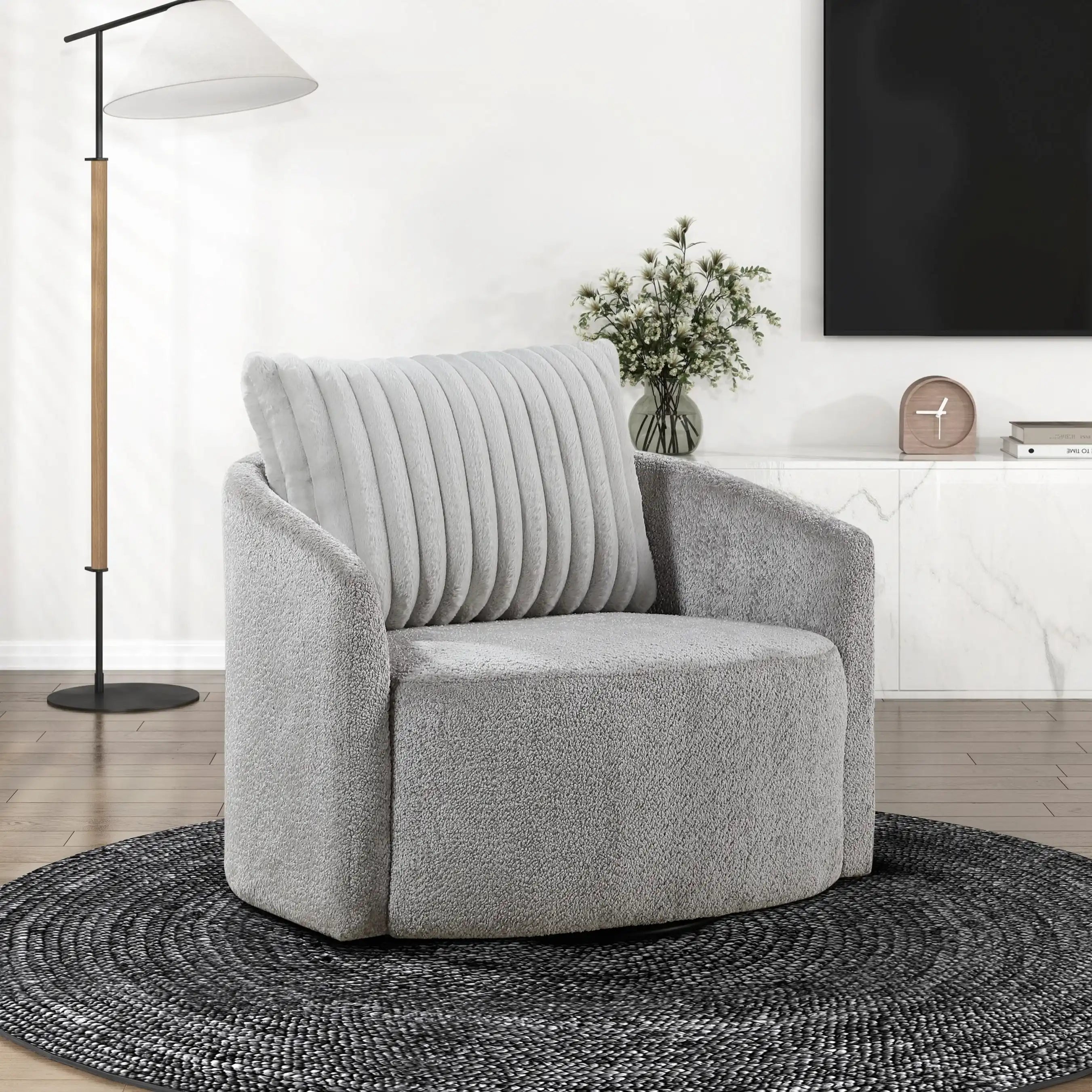 Modern Swivel Chair, Gray Chenille Upholstered Plush Cushion