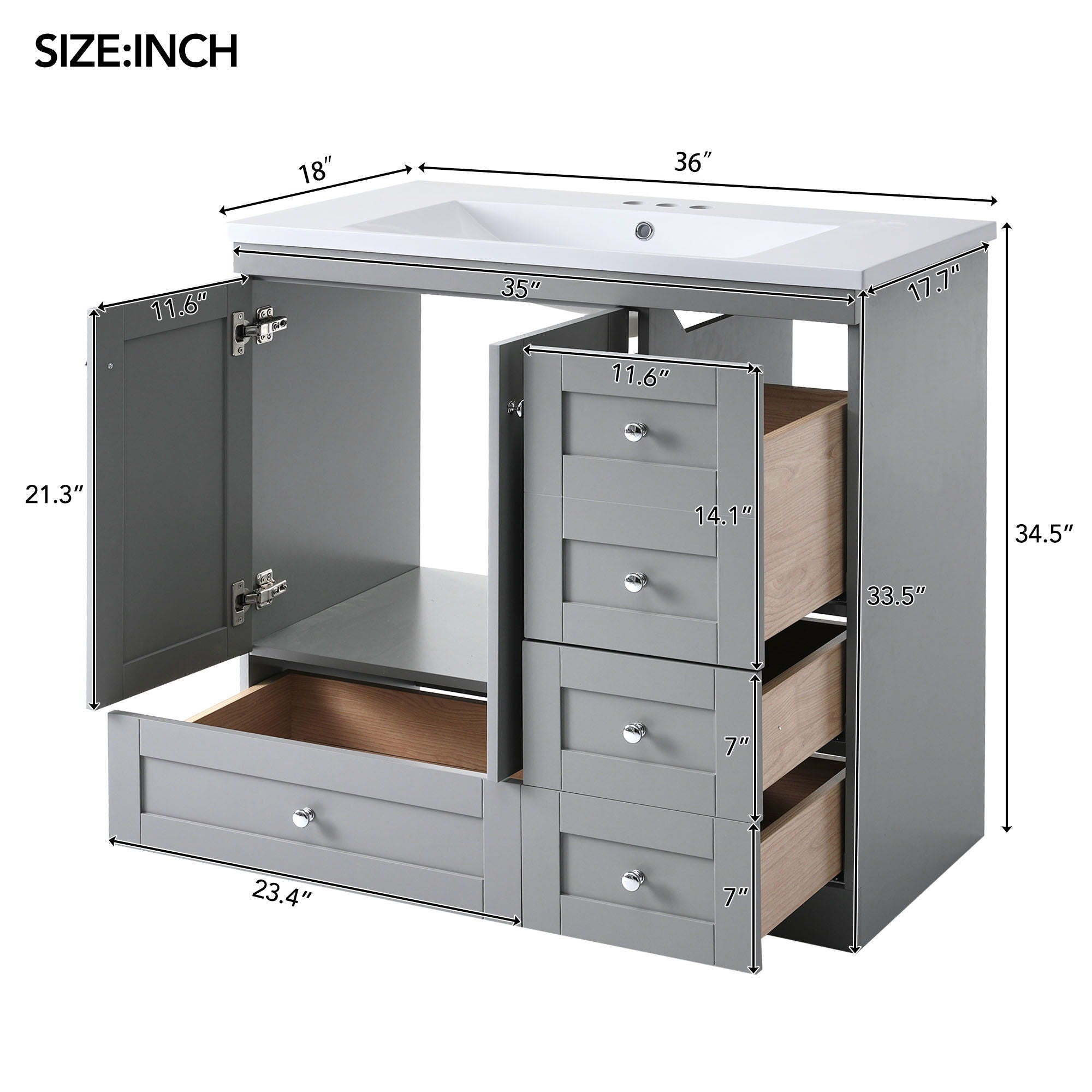 36" Shaker Free Standing Bathroom Vanity Cabinet With Sink, Soft Close Drawers, Soft Close Doors - Gray