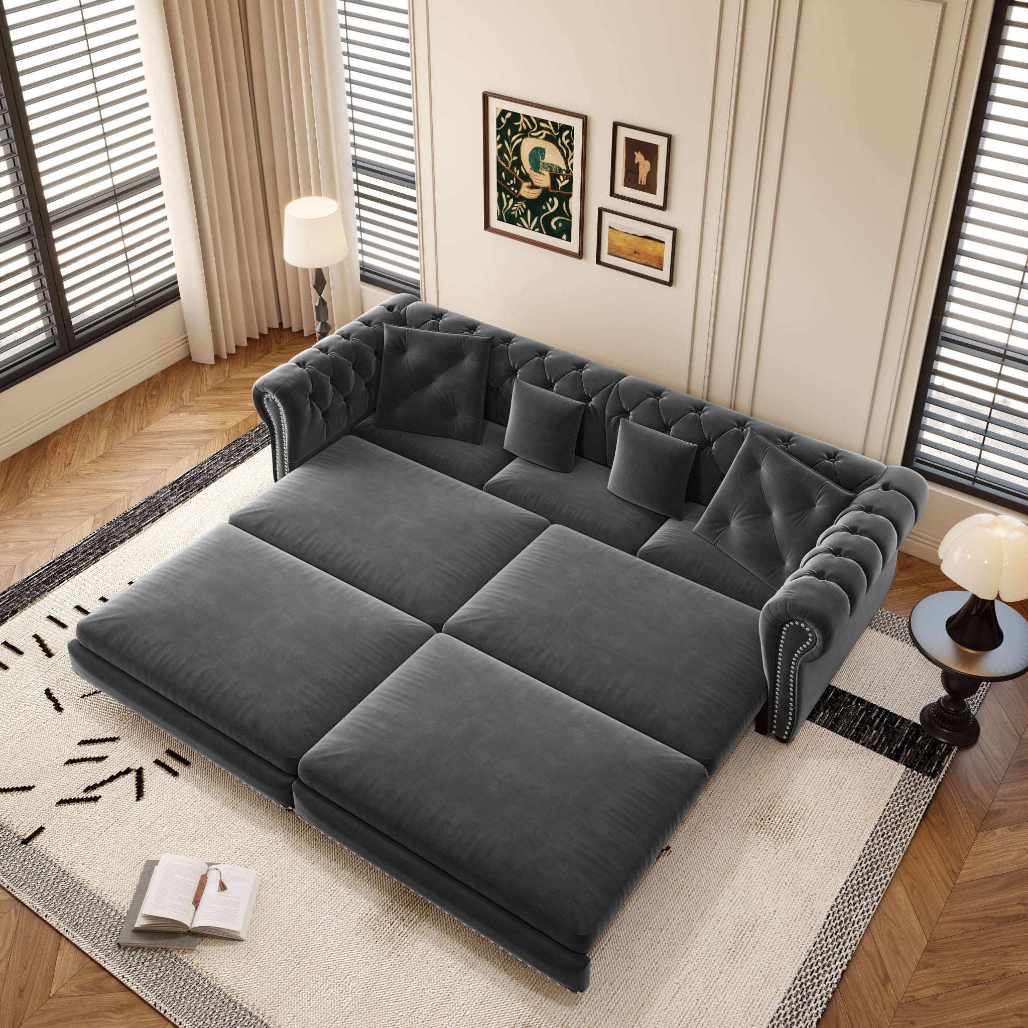 3 In 1 Pull Out Sofa Bed, Convertible Sleeper Sofa Bed, 3 Seater Sofa With Movable Ottoman - Gray