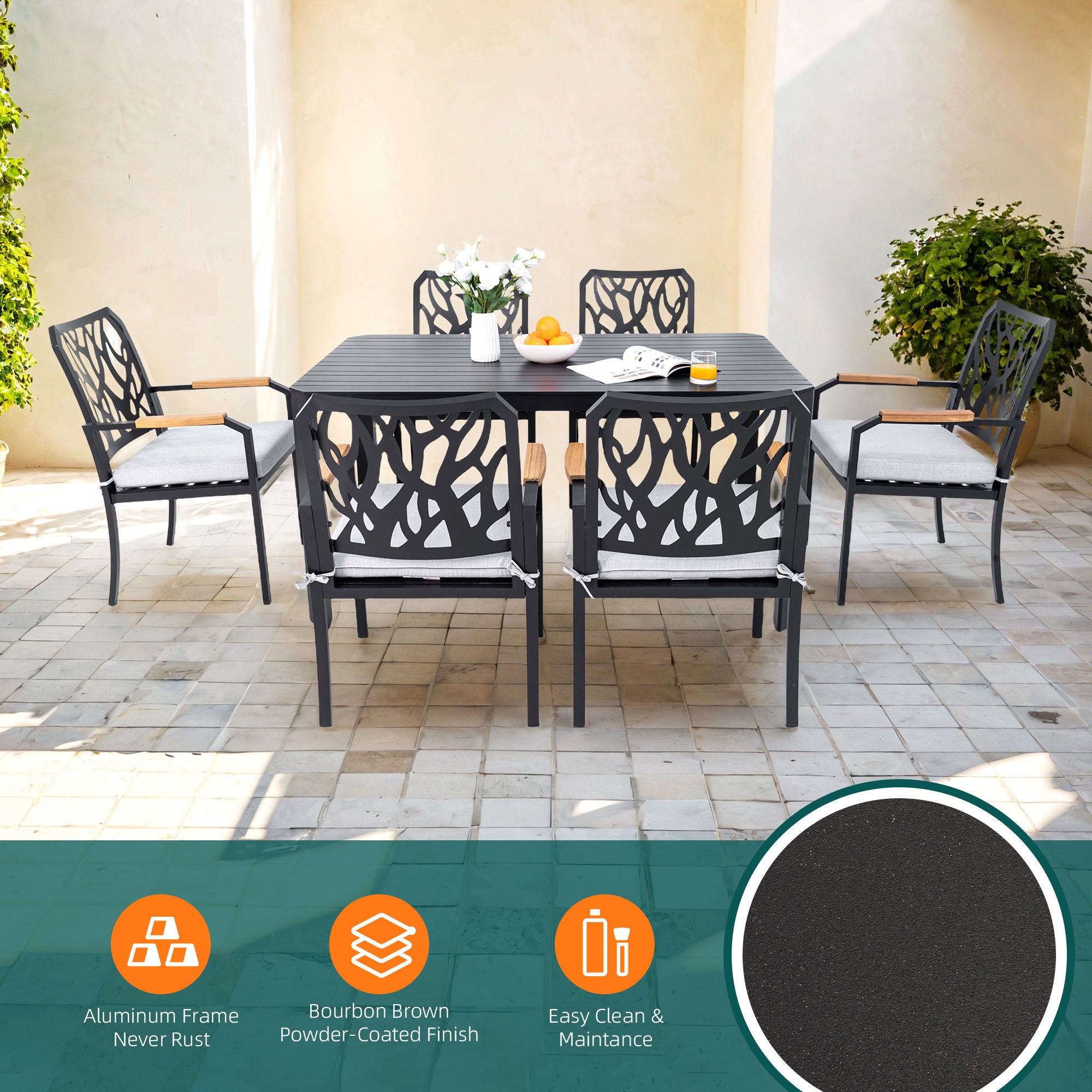 Modern Outdoor Table With Alternating Wide And Narrow Slats, Angled Corners, 2" Big Umbrella Hole, And Adjustable Non Slip Pads - Bourbon Brown