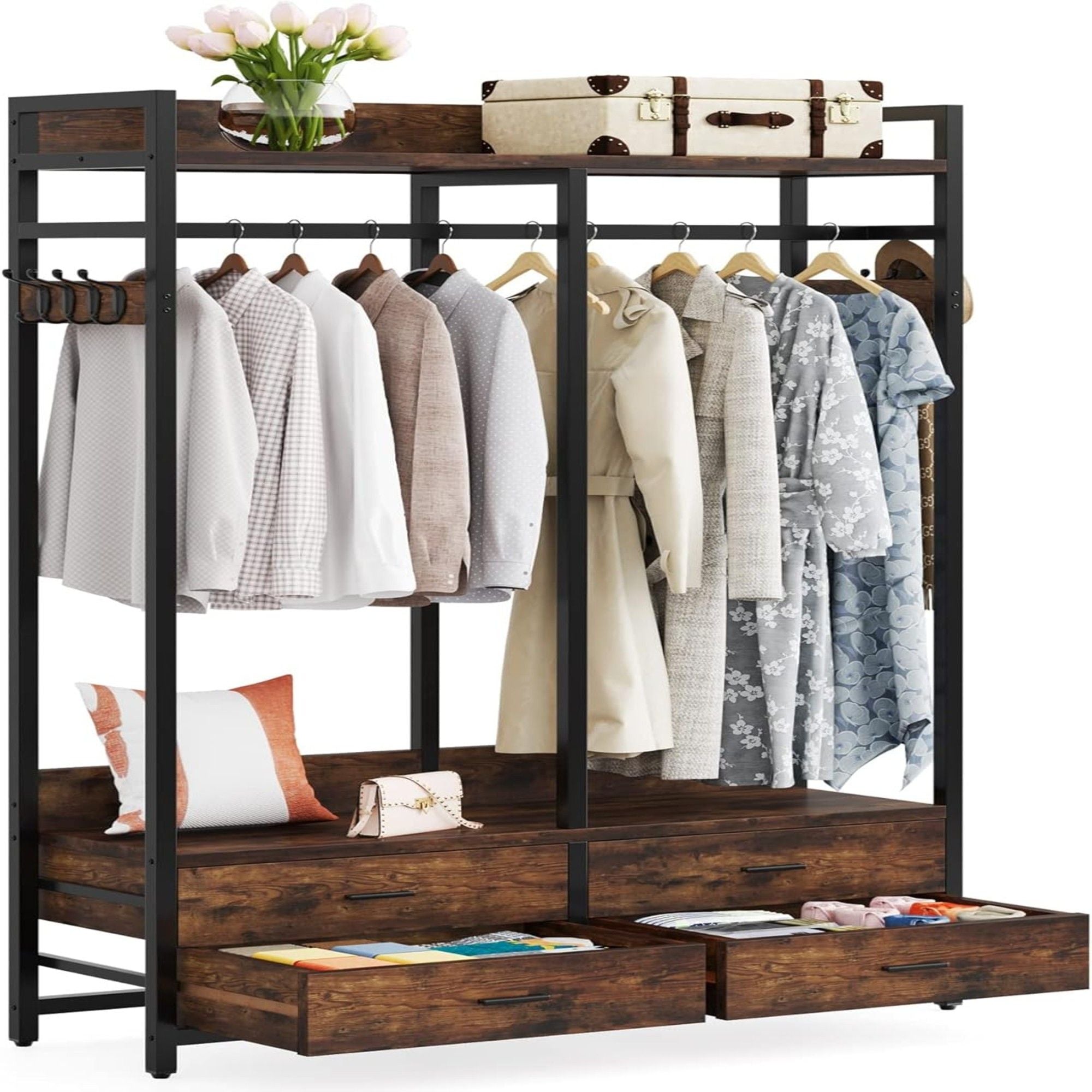 Freestanding Closet Organizer With 4 Drawers, 8 Hooks, Shelves, And Hanging Rod - Brown / Black