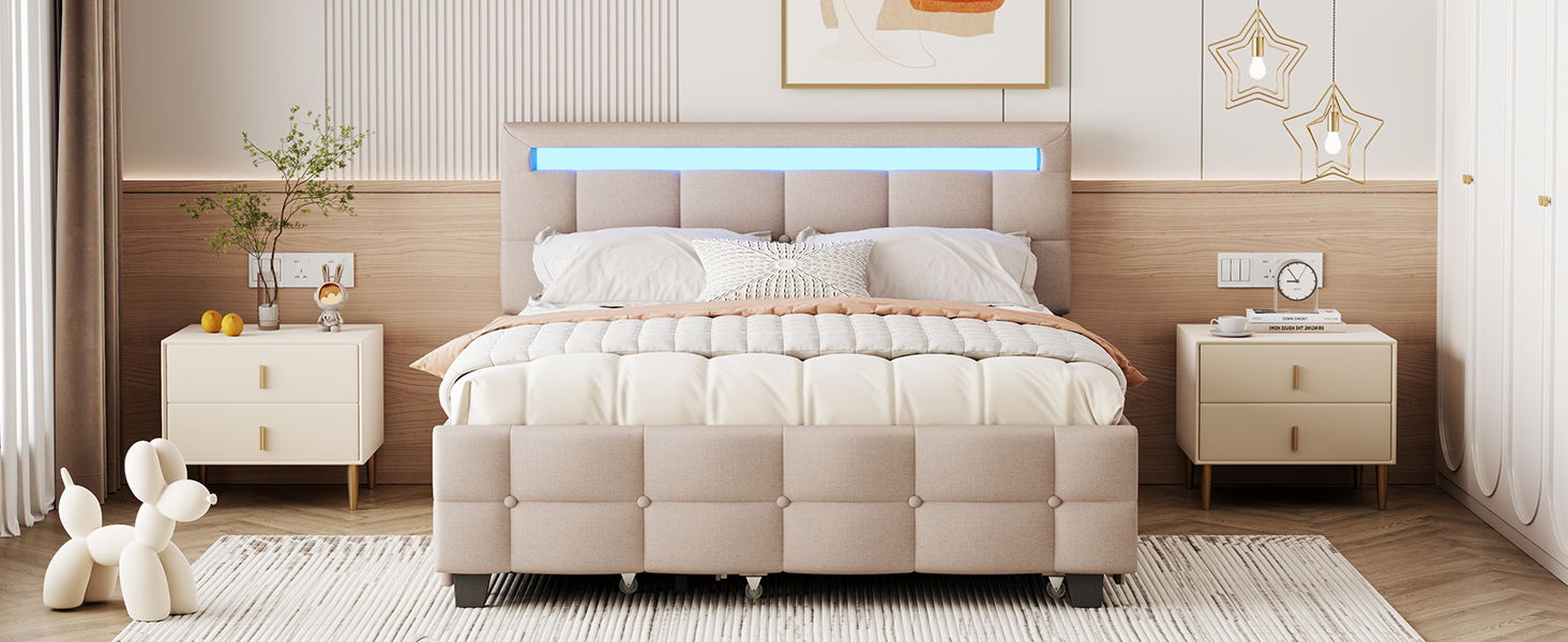 Upholstered Platform Bed With LED Frame, With Trundle And 2 Drawers