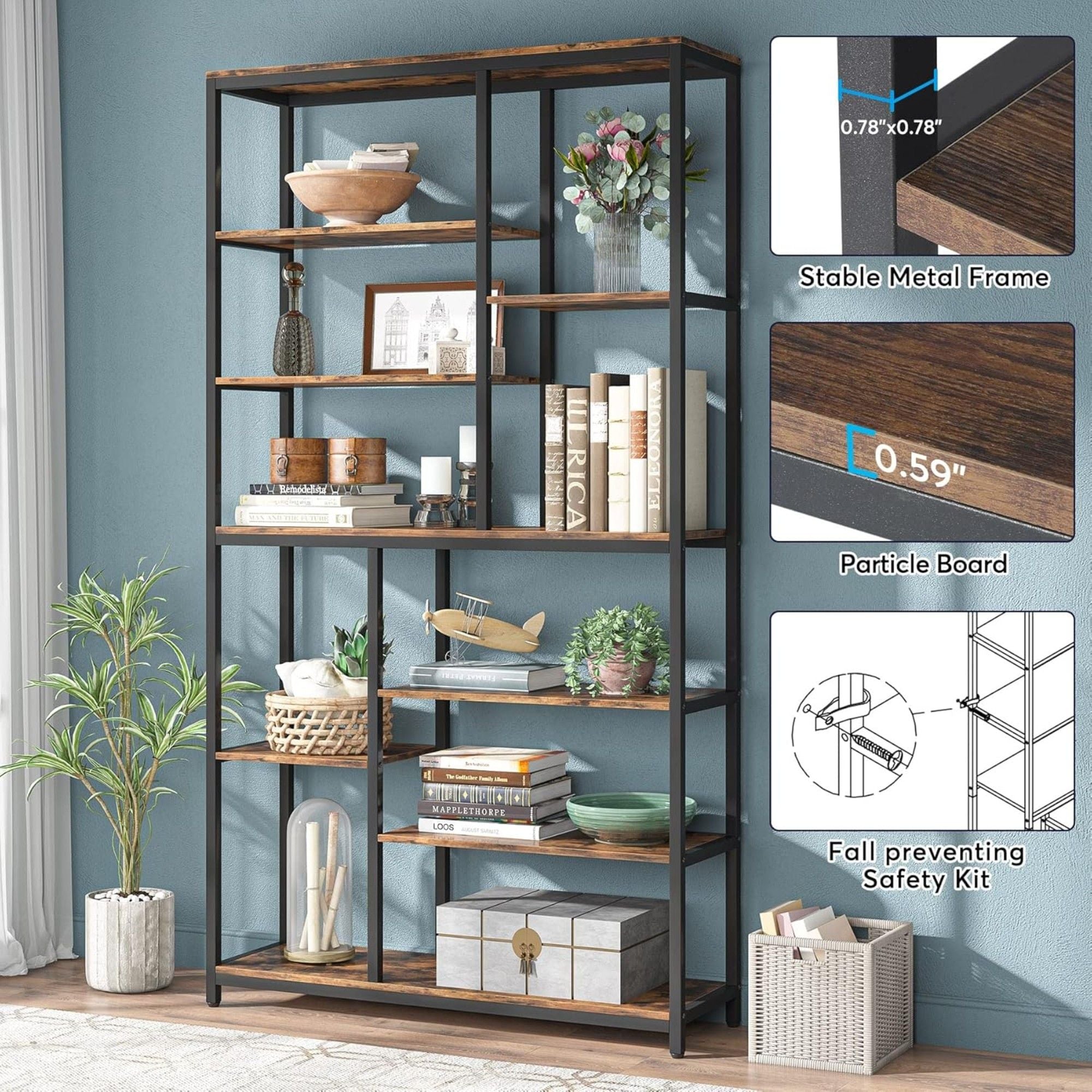 Extra Tall 8 Tier Staggered Etagere Bookcase With 8 Shelves Organizer For Living Room - Rustic Brown