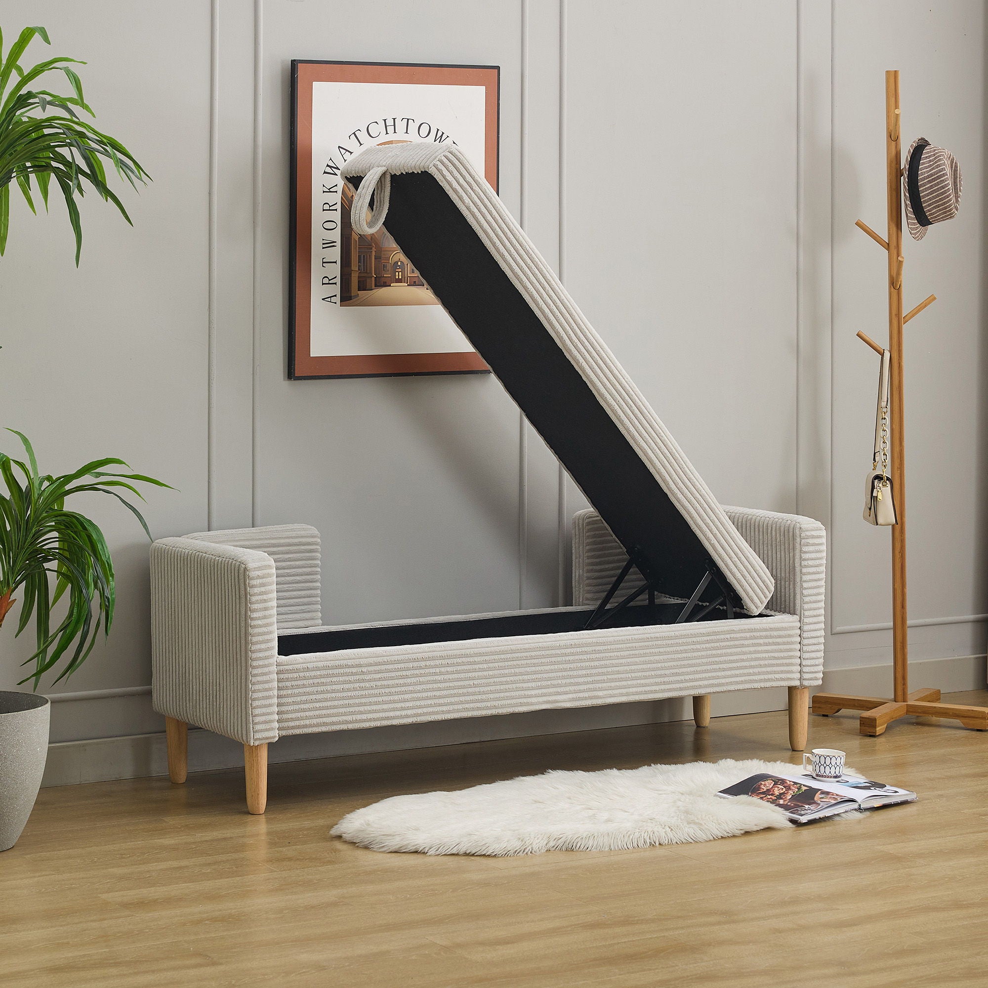 Wide Corduroy Storage Soft Bench With Armrests, Backrest And Two Bolster Pillows
