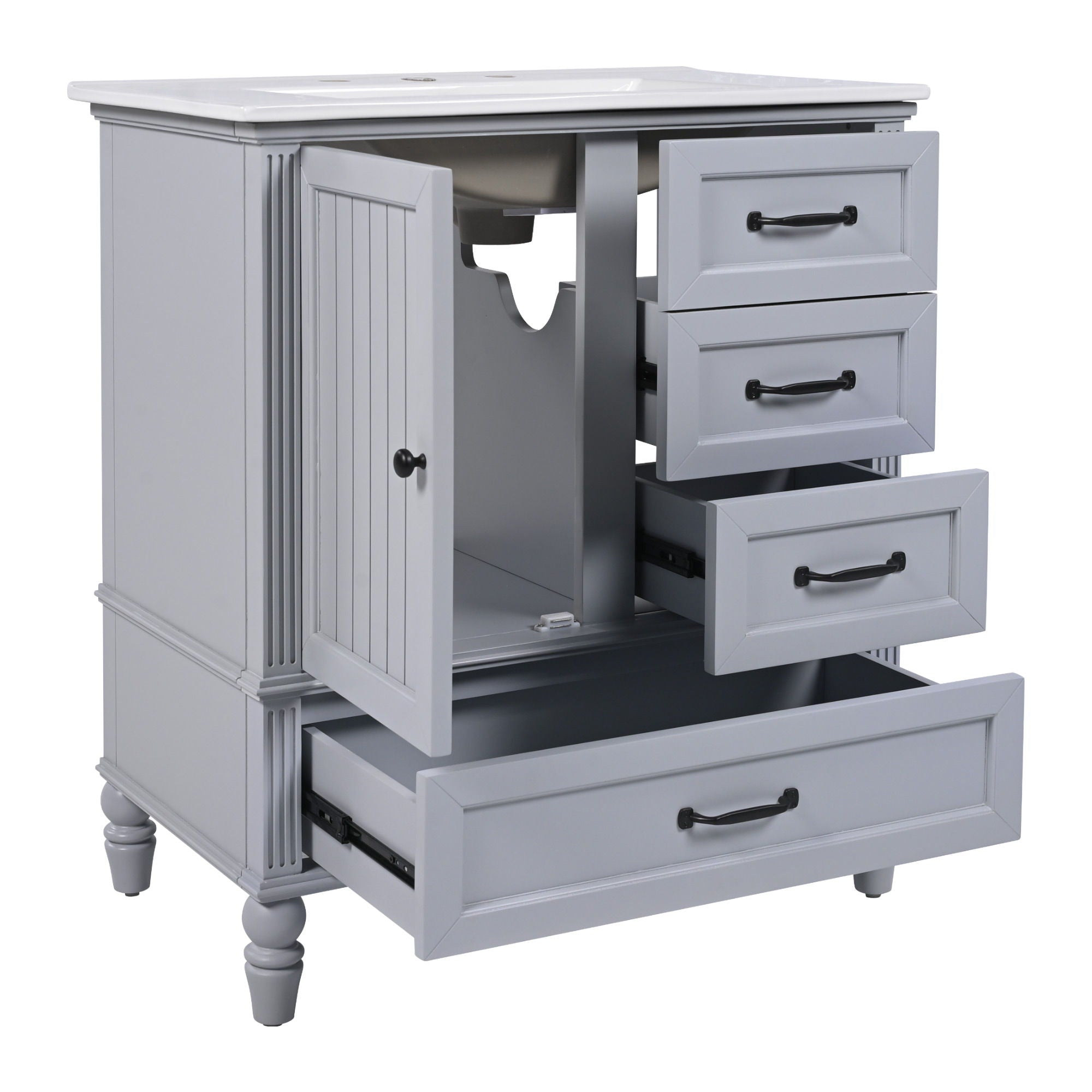 30" Bathroom Vanity With Sink, Bathroom Cabinet With A Door, 3 Drawers Legs, Adiustable Foot Pads - Gray