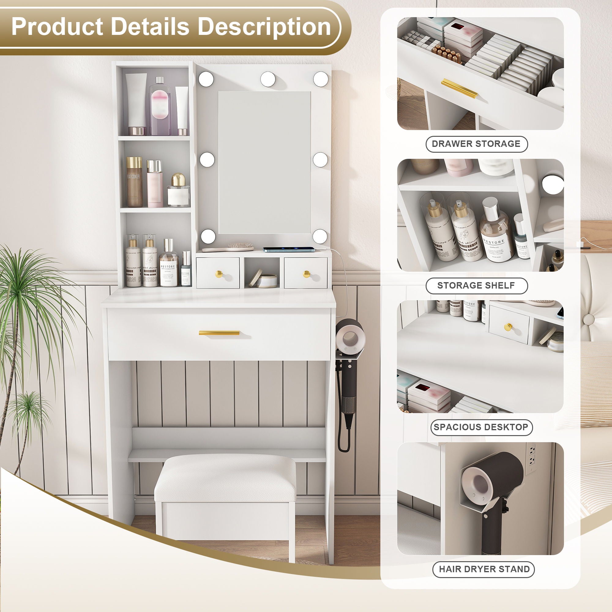 Vanity Table With Mirror, Adjustable LED Lights, Power Outlet, Hairdryer Holder & Stool