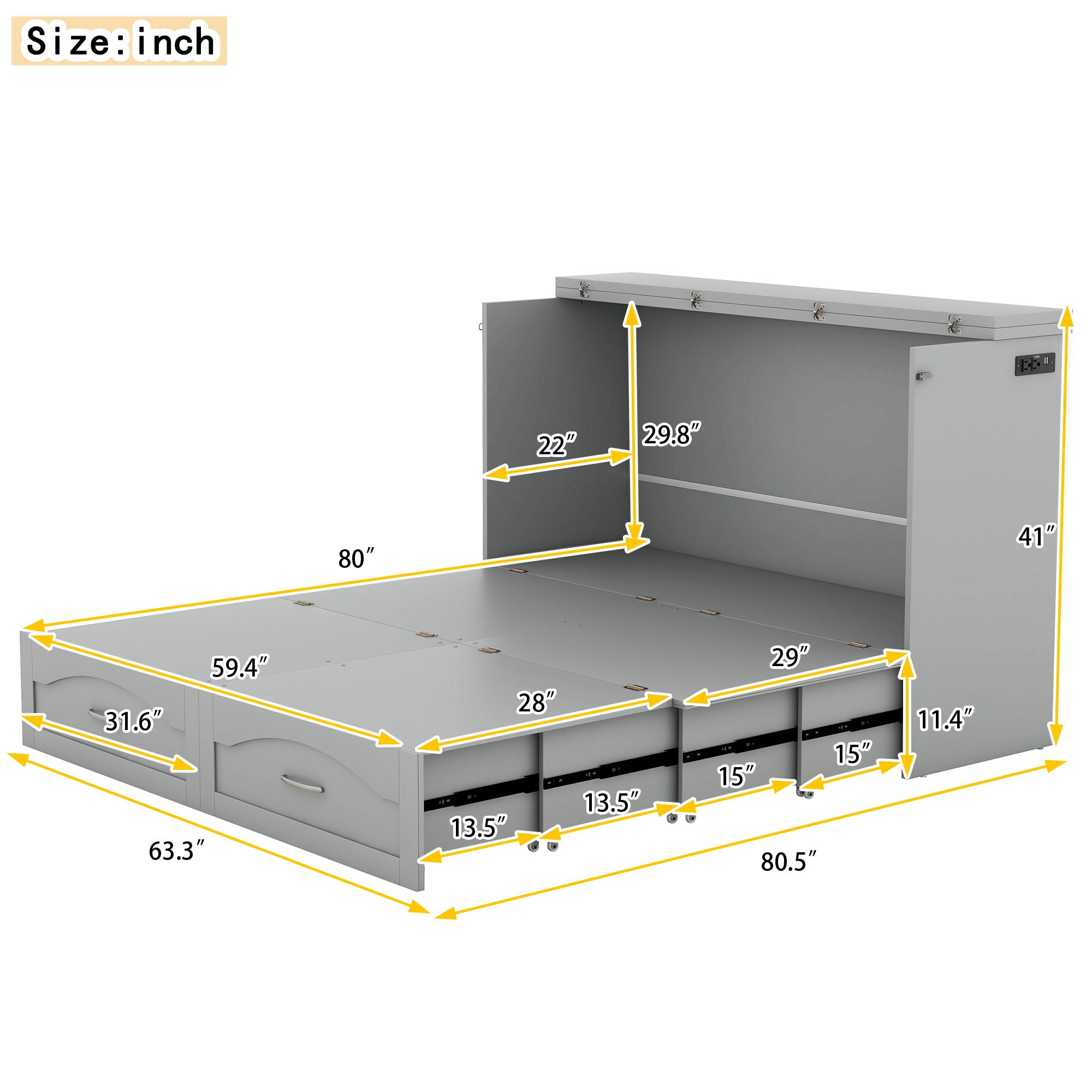 Murphy Wall Bed With Drawer And A Set Of Sockets & USB Ports, Pulley Structure Design