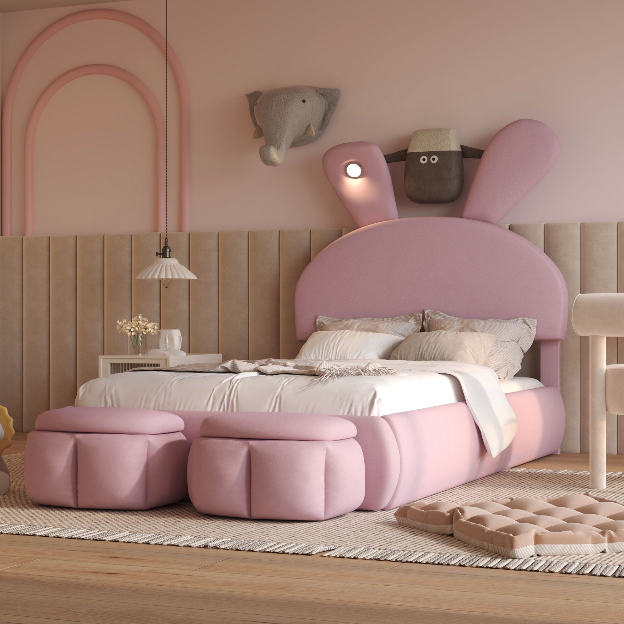 Upholstered Platform Bed With Cartoon Ears Shaped Headboard And LED Light