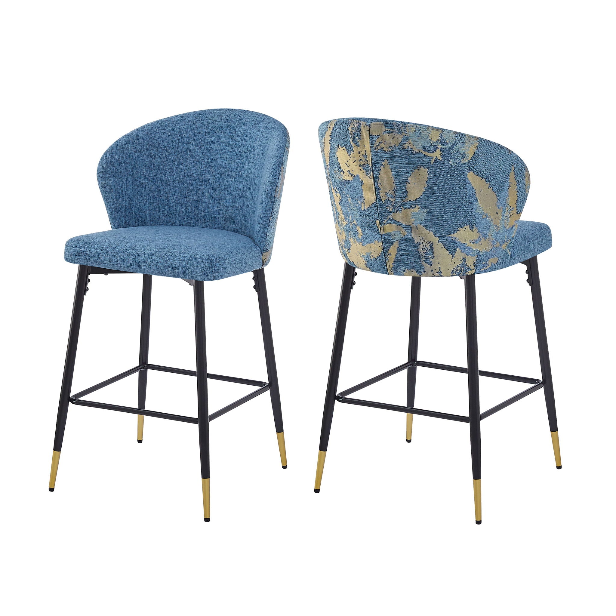 Counter Height Bar Stools (Set of 2), Jacquard Upholstered, Metal Footrest