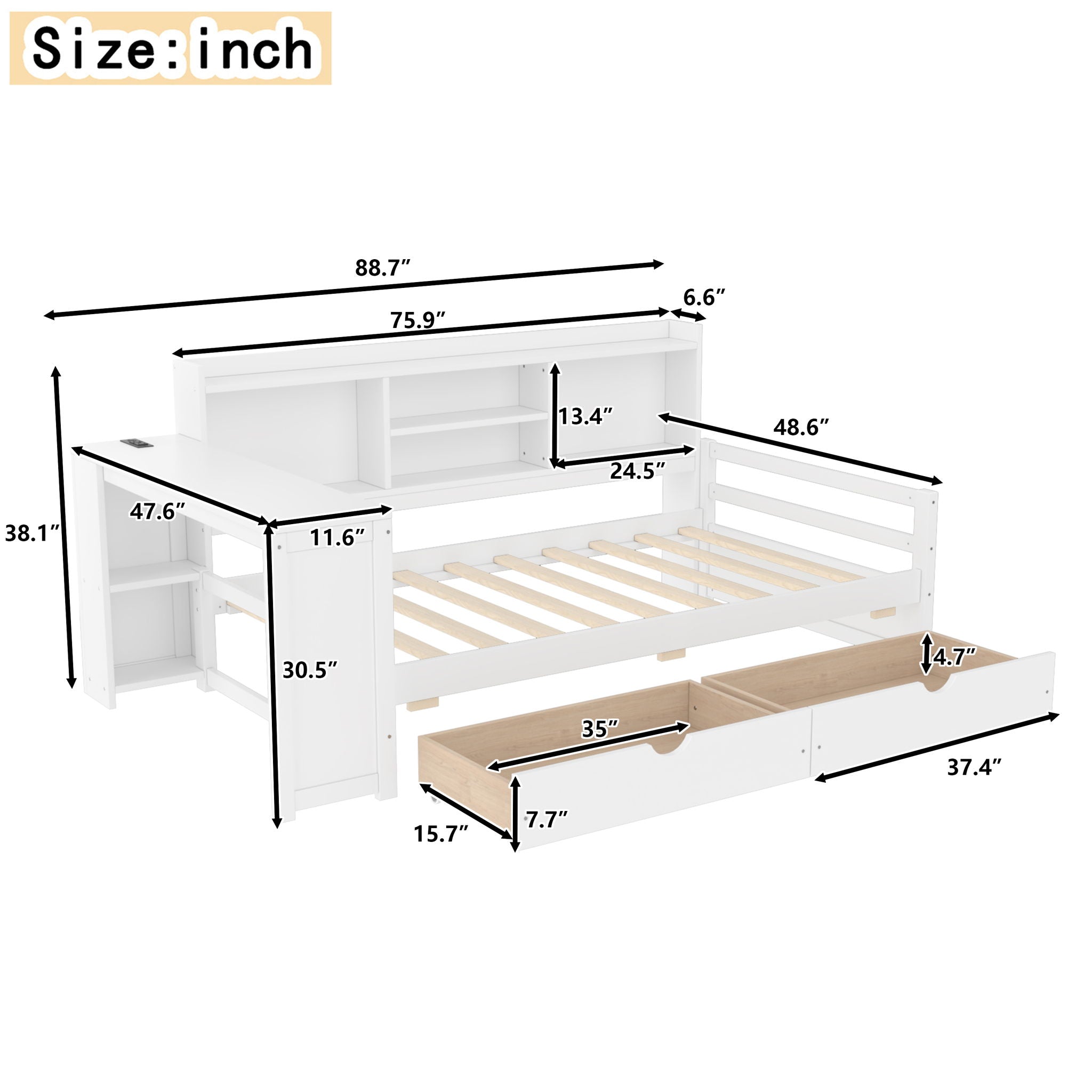 Corner Daybed With Storage Drawers, Desk, Charging Port & Bookcase