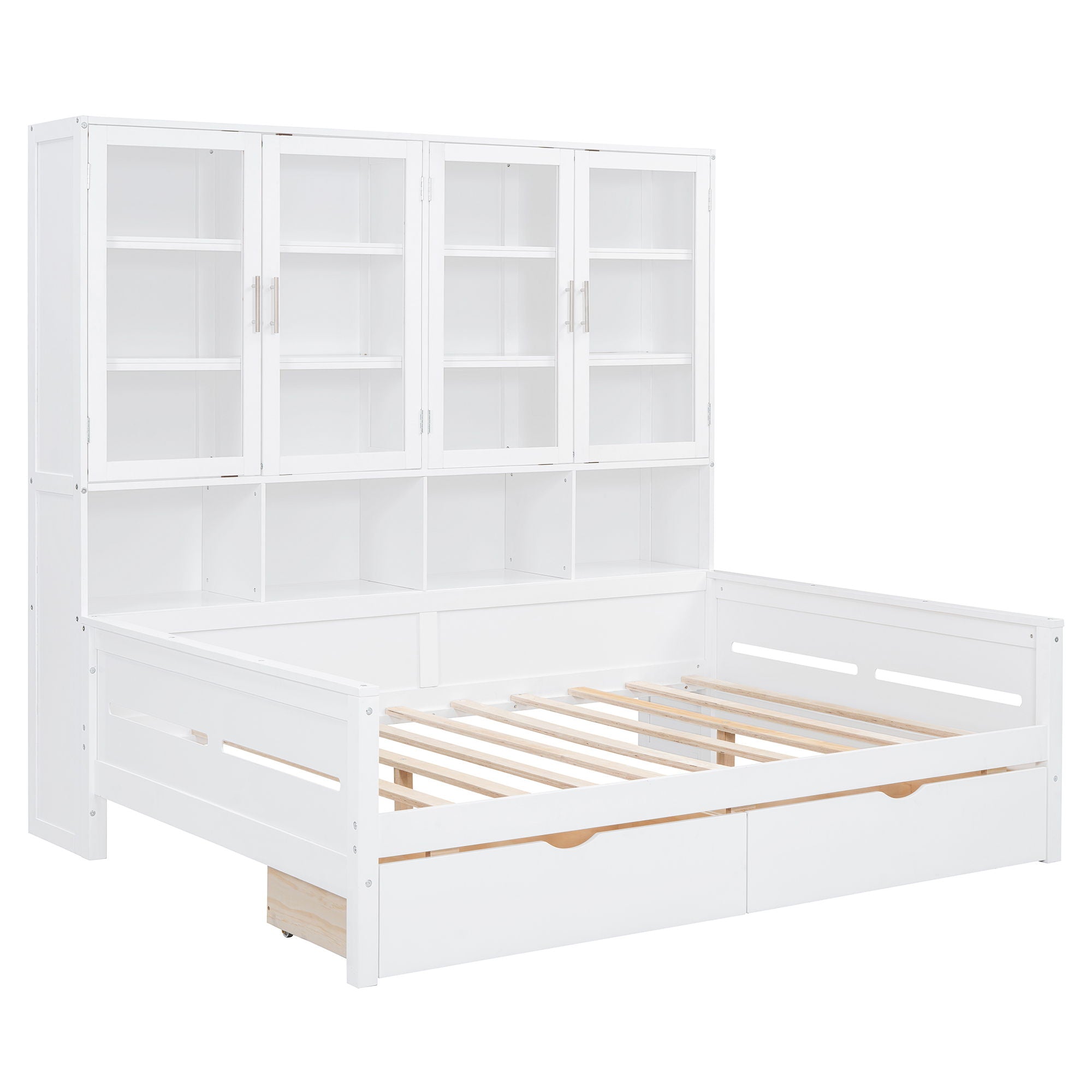 Daybed With Glass Door Storage Cabinets, Built In LED Lighting And Shelves