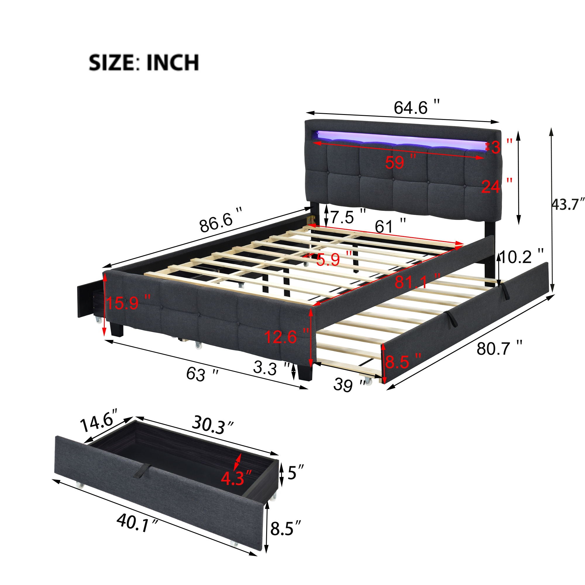Upholstered Platform Bed With LED Frame, With Trundle And 2 Drawers