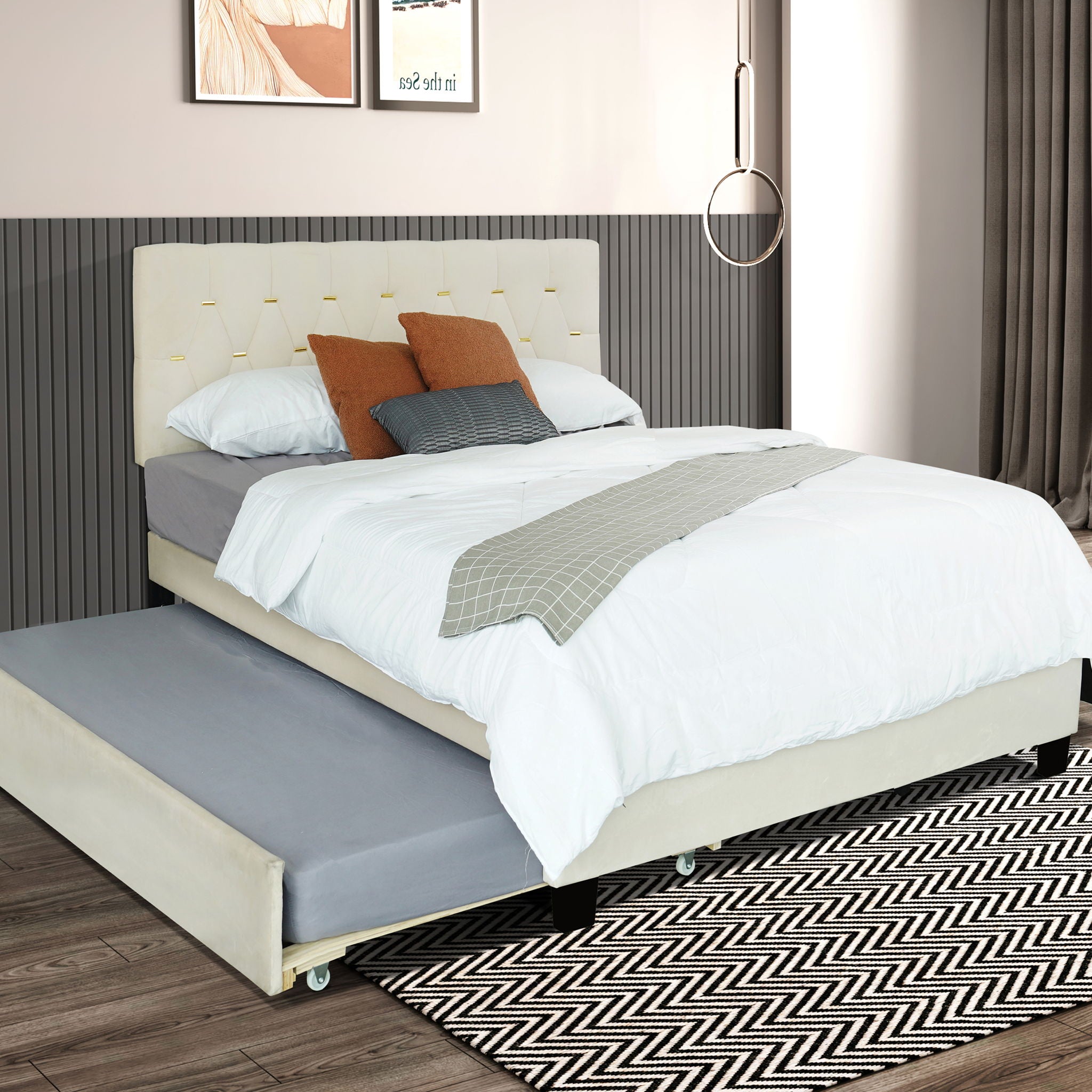 Queen Bed With Pull Out Trundle & Storage Drawers, No Box Spring Required, Space Saving Design - Beige