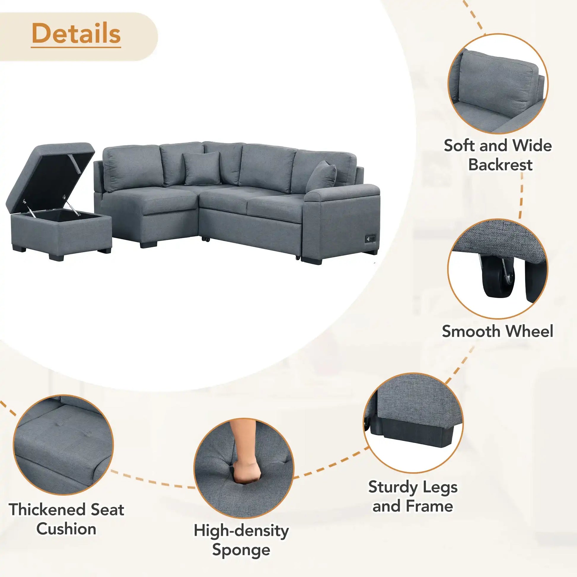 Sleeper Sectional Sofa, L-Shape Corner Couch Sofa-Bed with Storage Ottoman - Best Buy Furniture