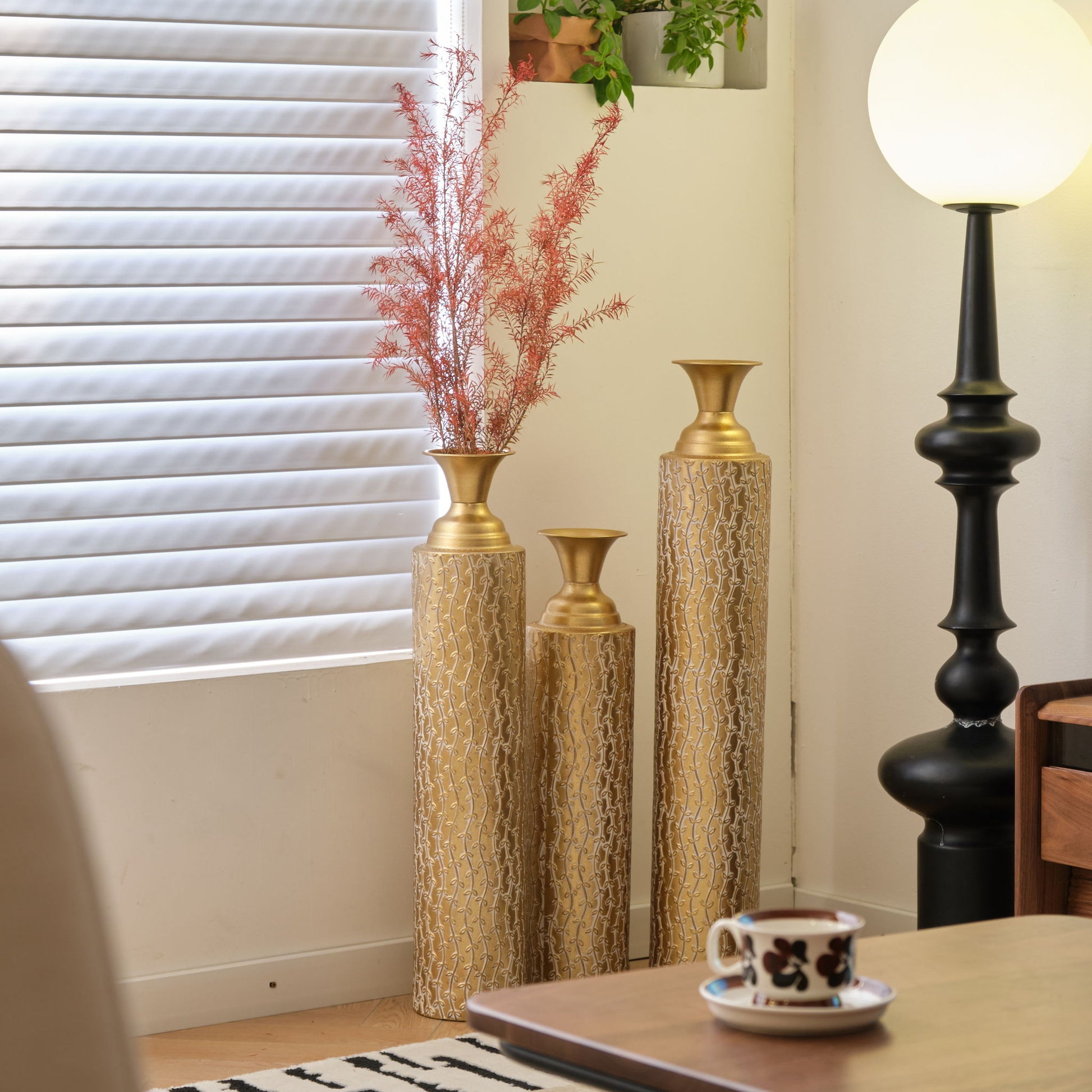 Metal Decorative Vases High Distress Metal Center Vases With Growing Vine Patterns, (Set of 3) Vases For Home Decoration - Gold - Best Buy Furniture