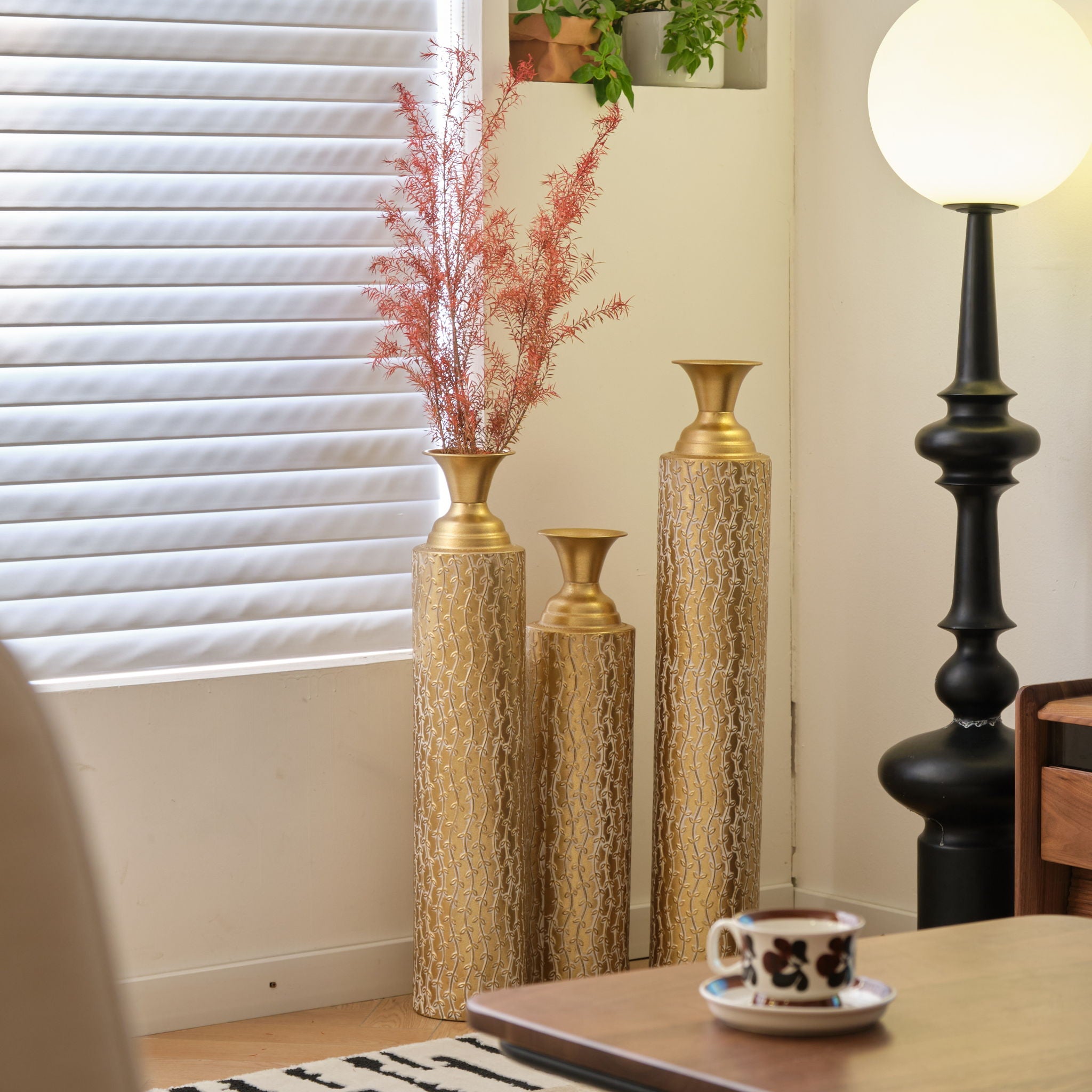 Metal Decorative Vases High Distress Metal Center Vases With Growing Vine Patterns, (Set of 3) Vases For Home Decoration - Gold - Best Buy Furniture