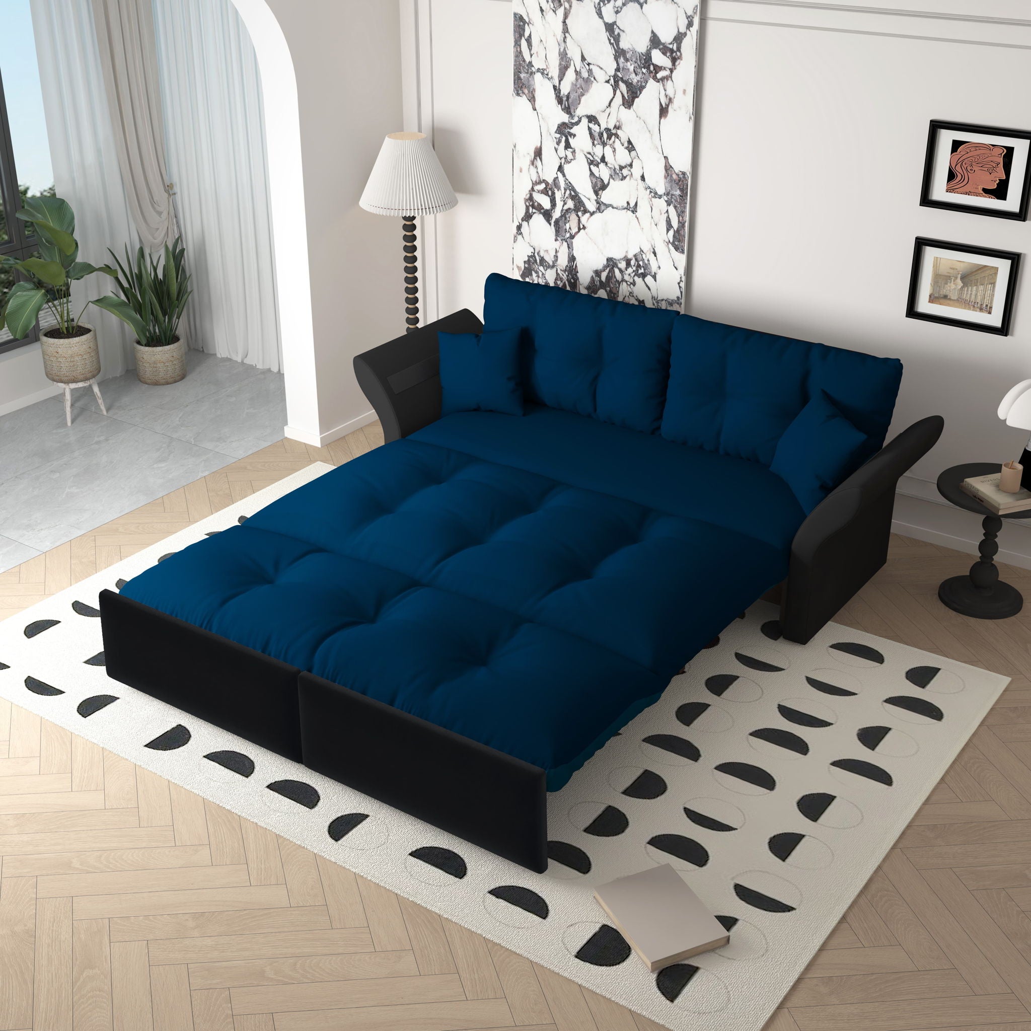 Queen Pull Out Sofa Bed, 3 In 1 Convertible Sleeper Tufted Sofa & 2 Soft Pillows - Blue