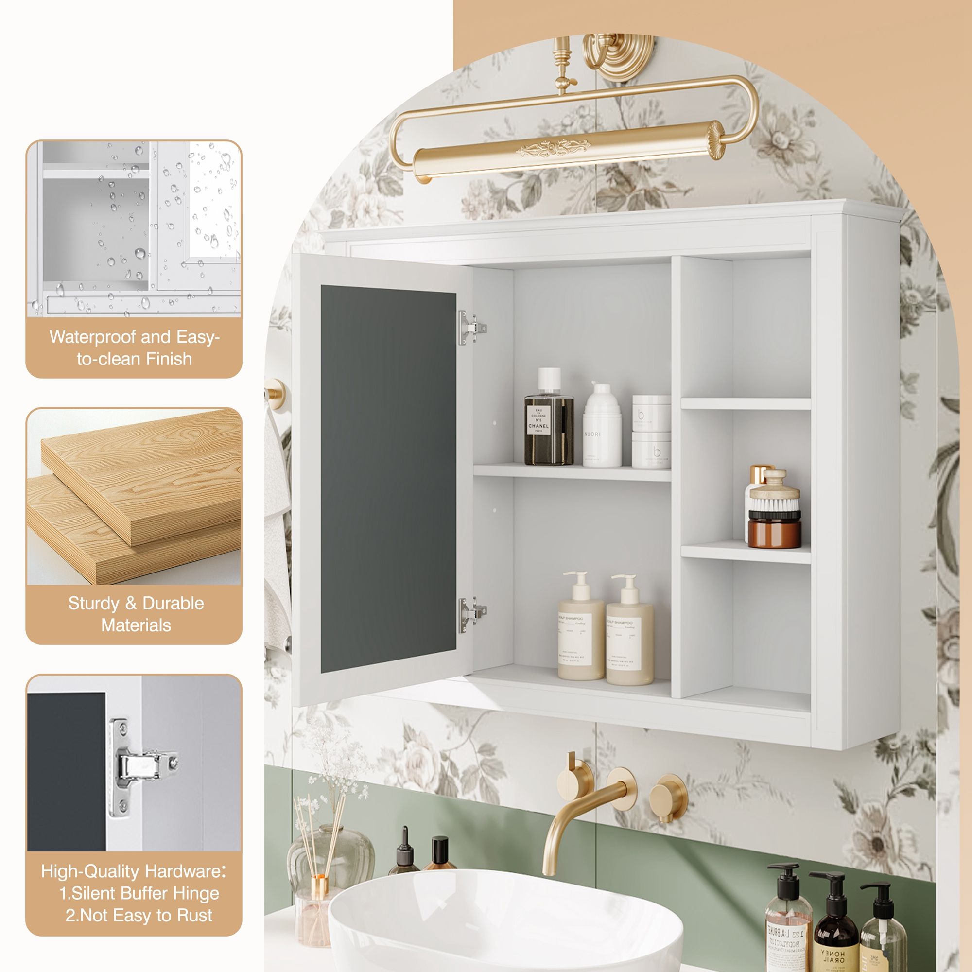 Wall Mounted Medicine Cabinet With Mirror, Storage Cabinet Featuring 6 Open Shelves And Adjustable Interior