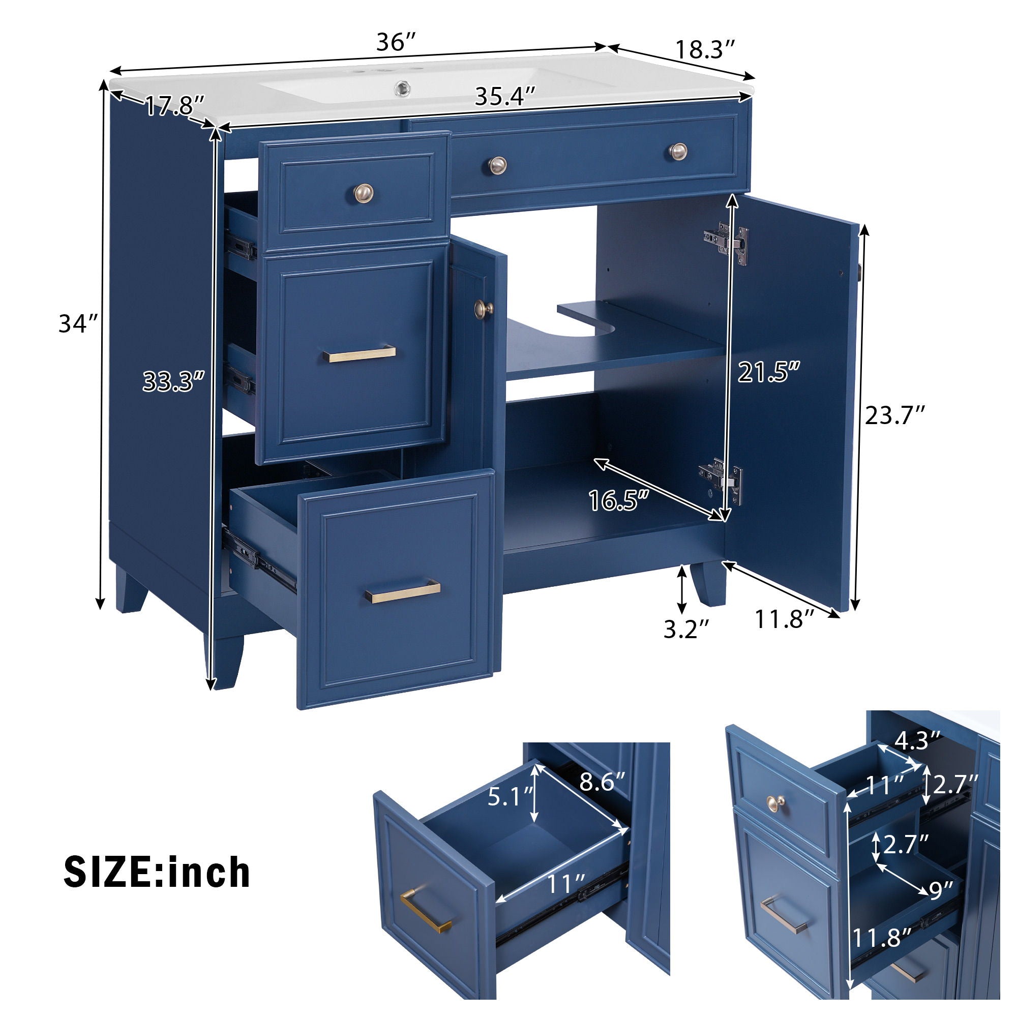 36" Bathroom Vanity With Sink, Soft Close Doors, Adjustable Shelves - Blue