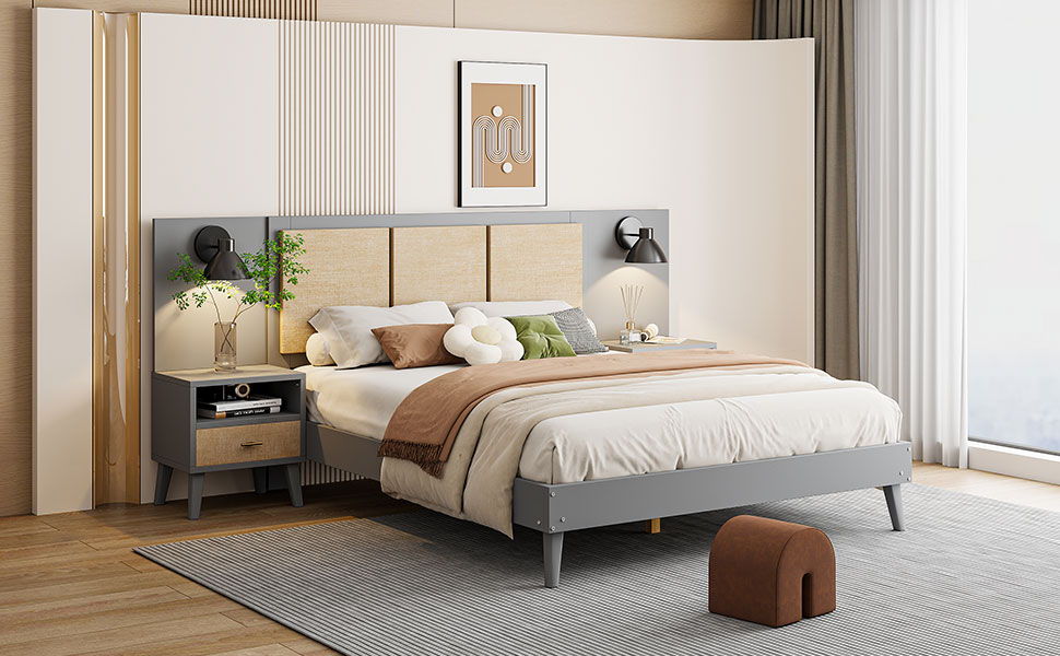 Bed Frame With 2 Nightstands Elegant Design With Lamps