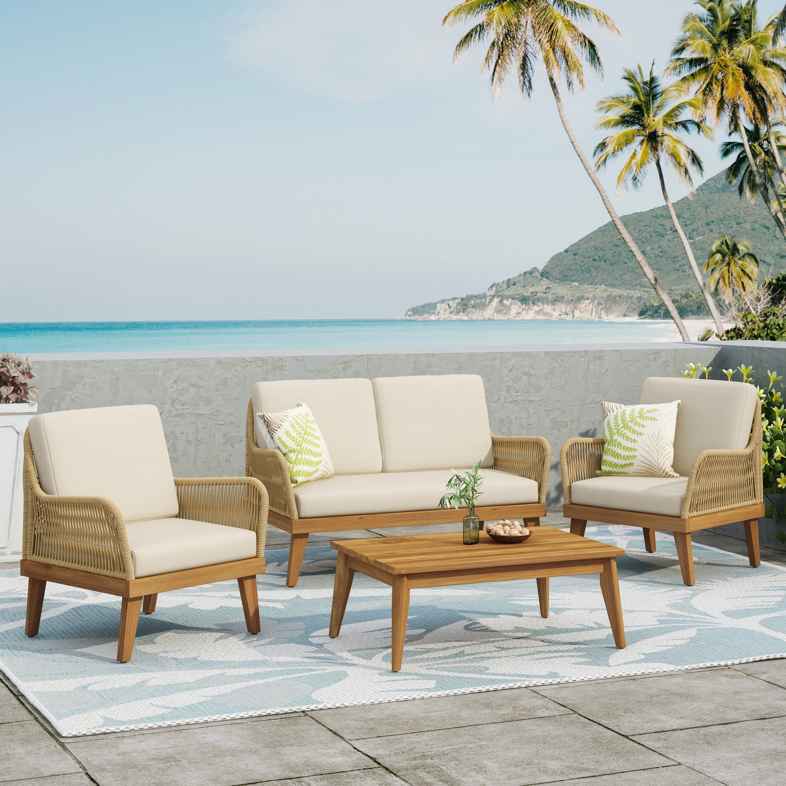 Anisa Acacia Wood & Woven Rope Outdoor Chat Set
