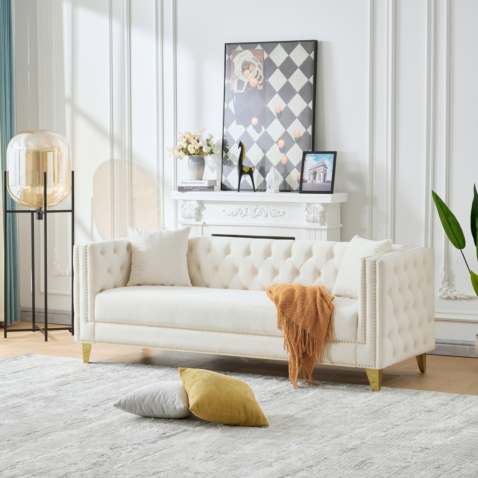 3 And 2 Seater Deep Seat Sofa With Button Nailhead, Square Arm Couches, Furniture For Living Room - Beige