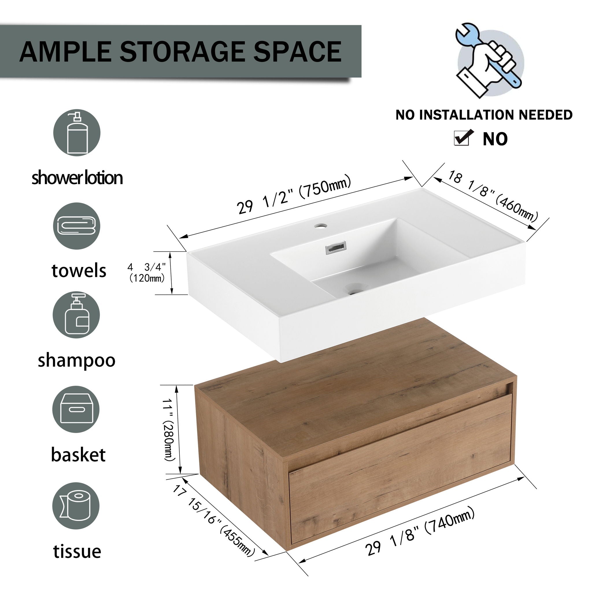 Wall Mounted Bathroom Vanity With Resin Sink And Soft Close Drawer In Imitative - Imitative Oak