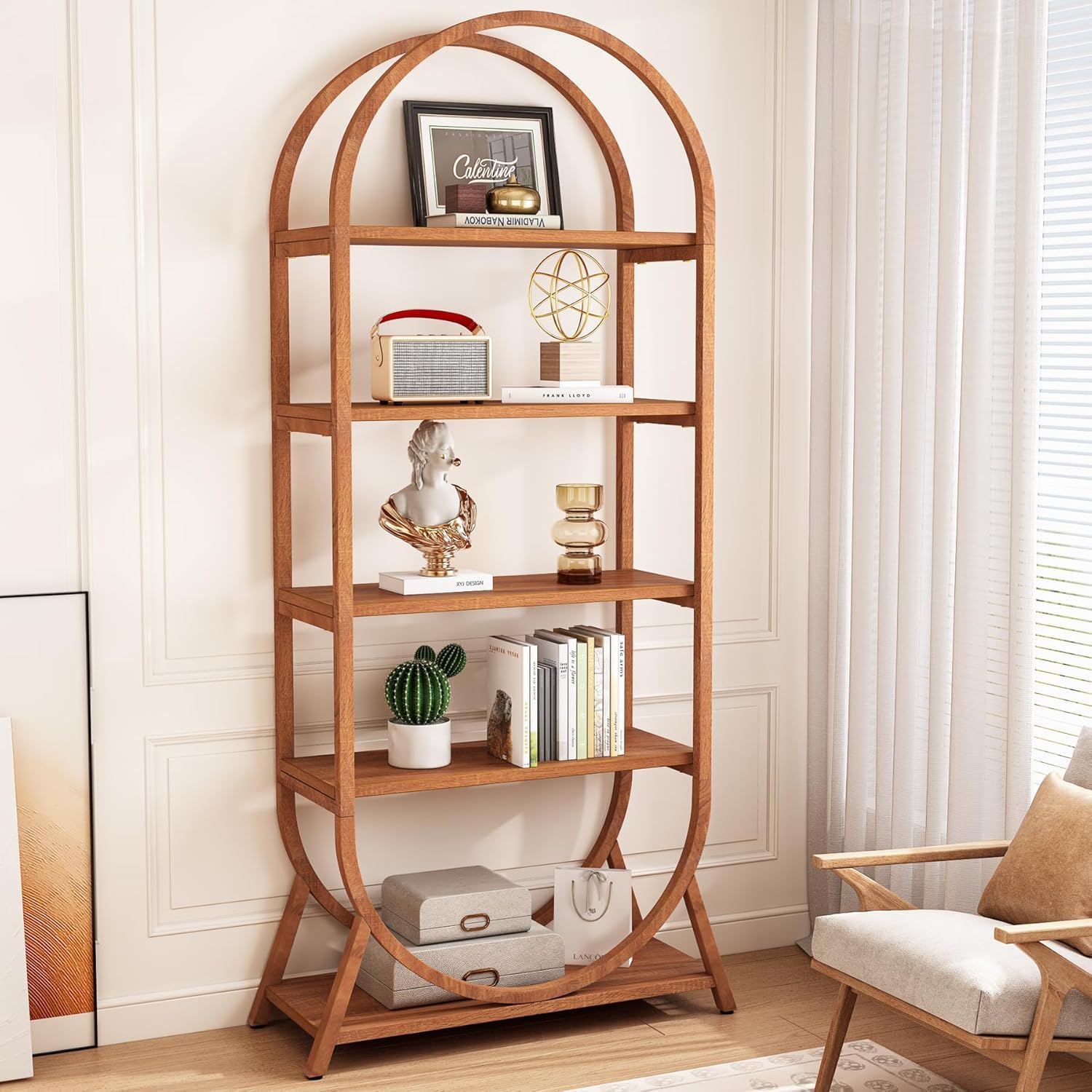 Arched 5 Tier Open Bookshelf For Office - Brown