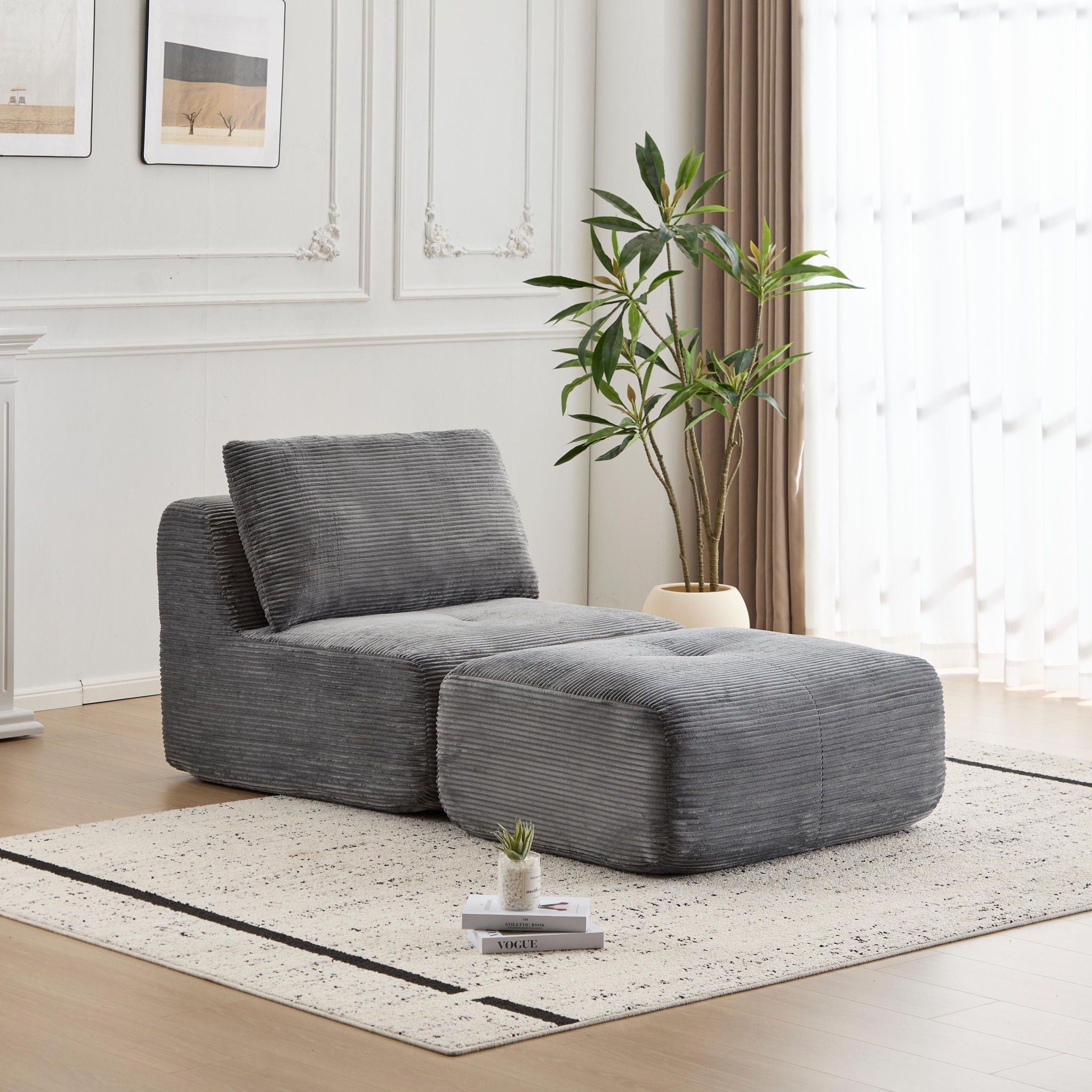 Compressed Sofa, Single Chaise Longue, Movable Ottoman For Living Room - Gray