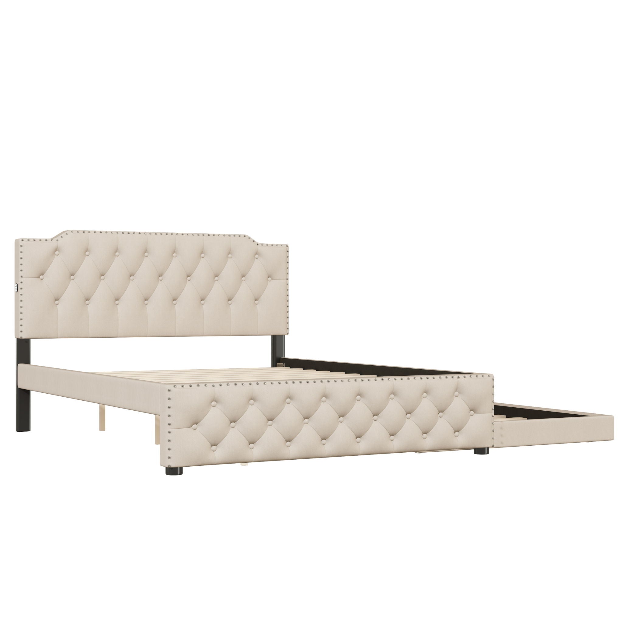 Upholstered Platform Bed With Trundle And 2 Sets Of USB Ports On Each Side, Linen Fabric