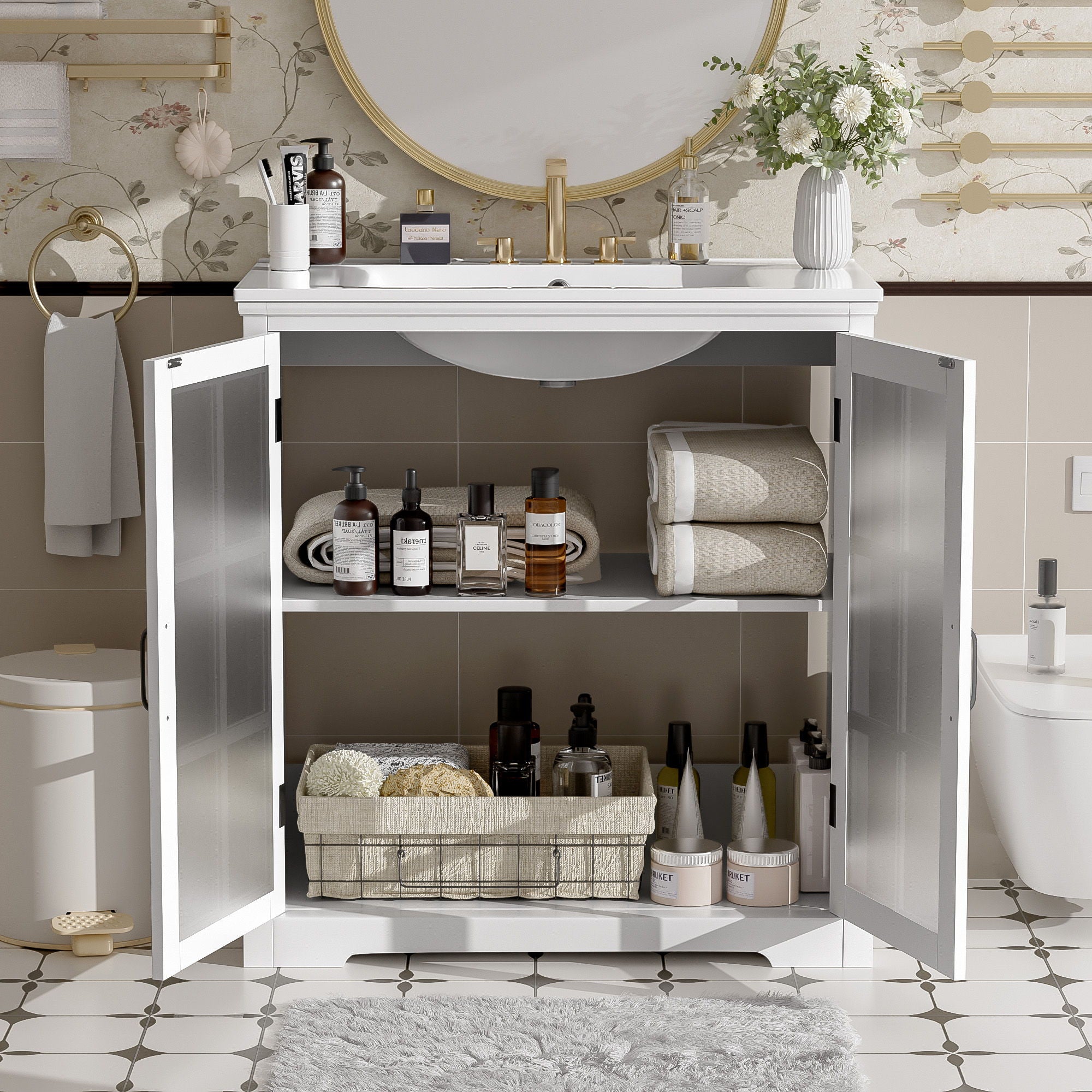 Modern Bathroom Vanity With Ceramic Sink, Tempered Blurred Glass Doors