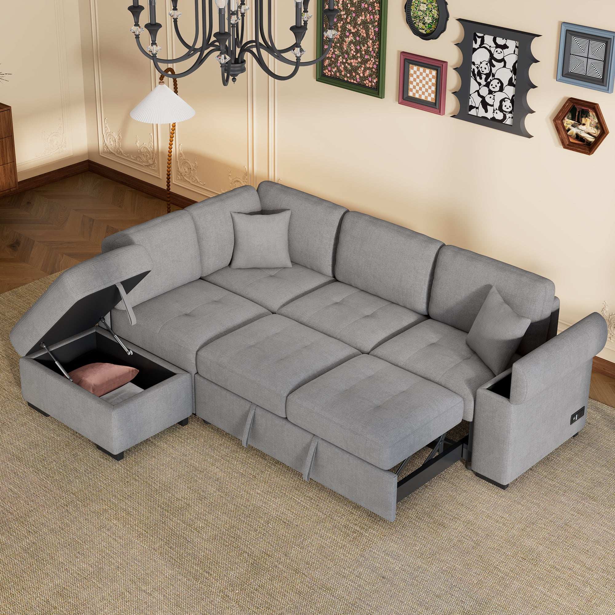 Sleeper Sectional Sofa with Storage Ottoman & Hidden Arm Storage & USB Charge