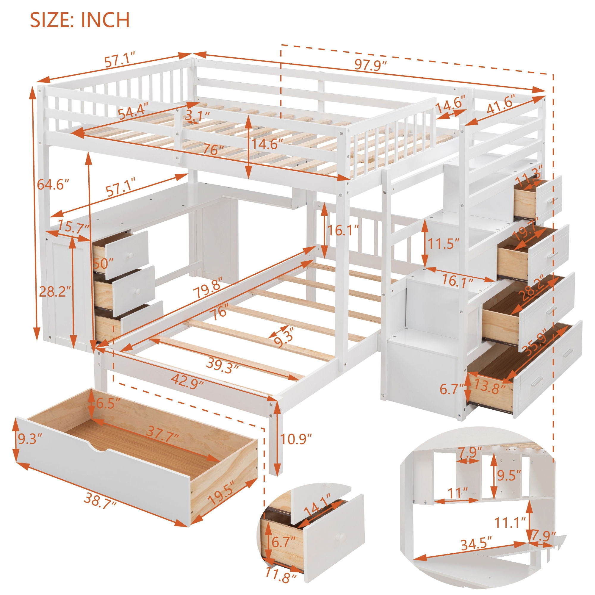 Bunk Bed With Desk, Drawers And Shelves