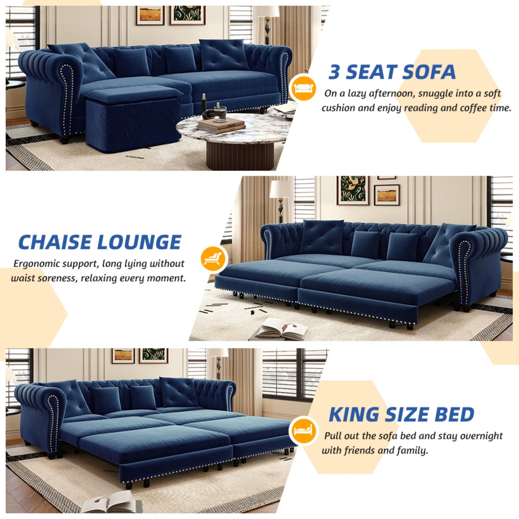 3 In 1 Pull Out Sofa Bed, Convertible Sleeper Sofa Bed, 3 Seater Sofa With Movable Ottoman - Blue