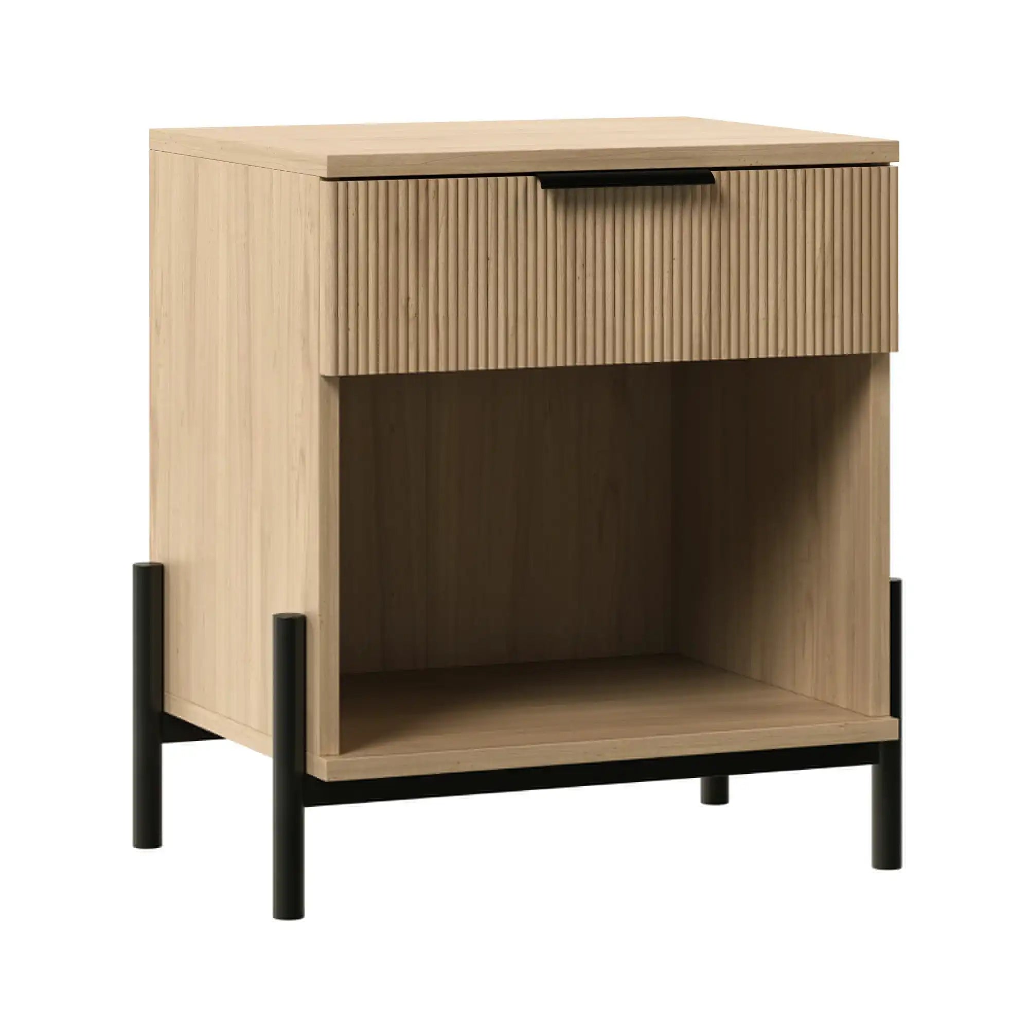 Modern Fluted-Drawer Nightstand with Open Storage – Light Oak